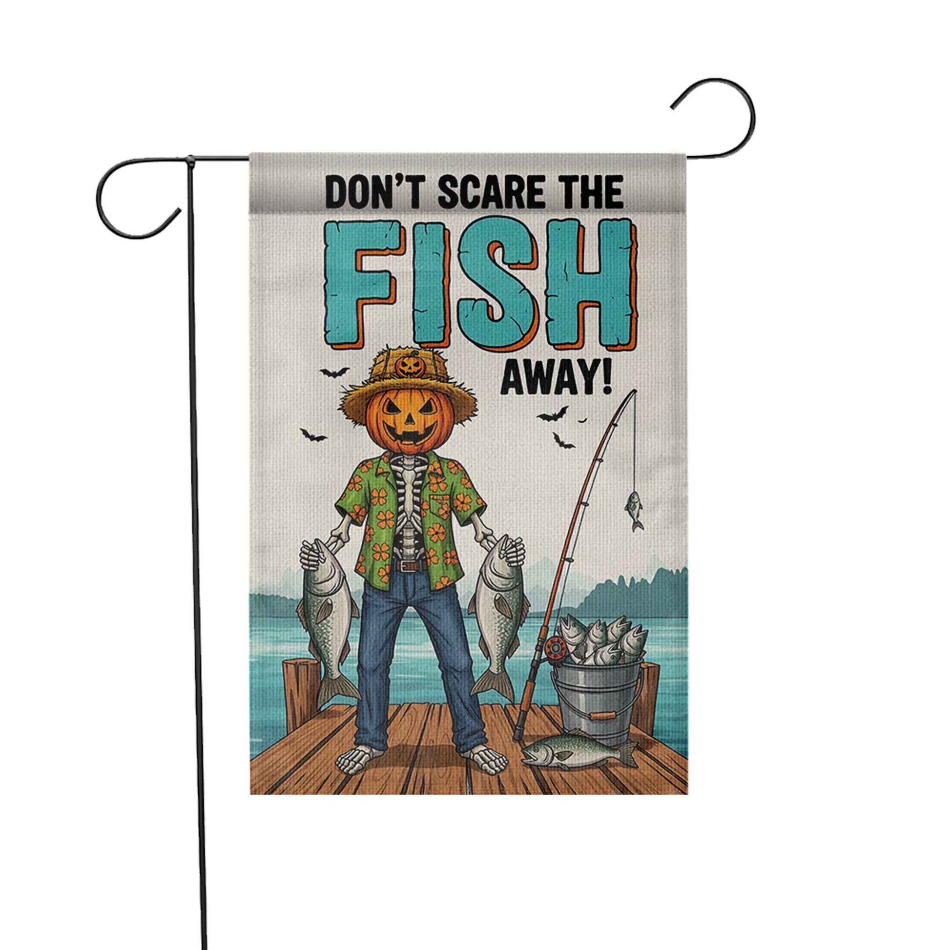 Don't Scare The Fish Away" Fishing Pumpkin Garden Flag, Funny Fall Yard Decor, Halloween Fisherman Outdoor Banner, Unique Autumn Art