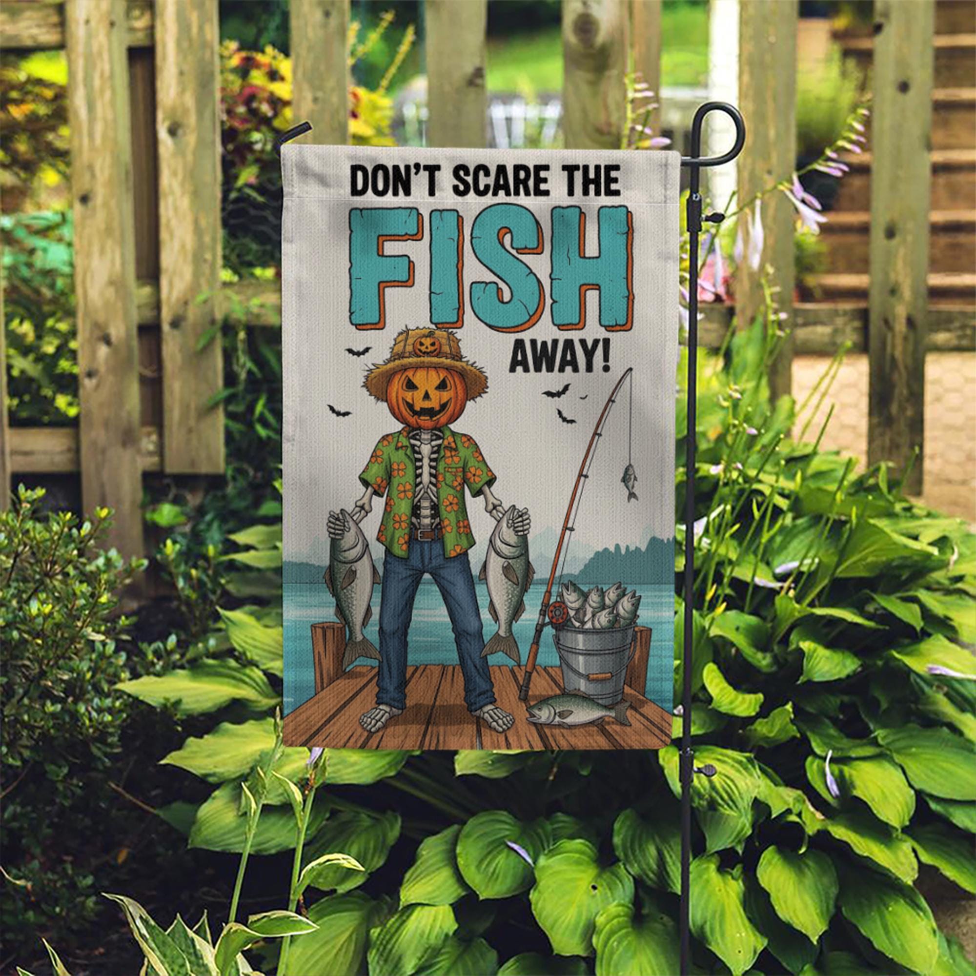 Don't Scare The Fish Away" Fishing Pumpkin Garden Flag, Funny Fall Yard Decor, Halloween Fisherman Outdoor Banner, Unique Autumn Art