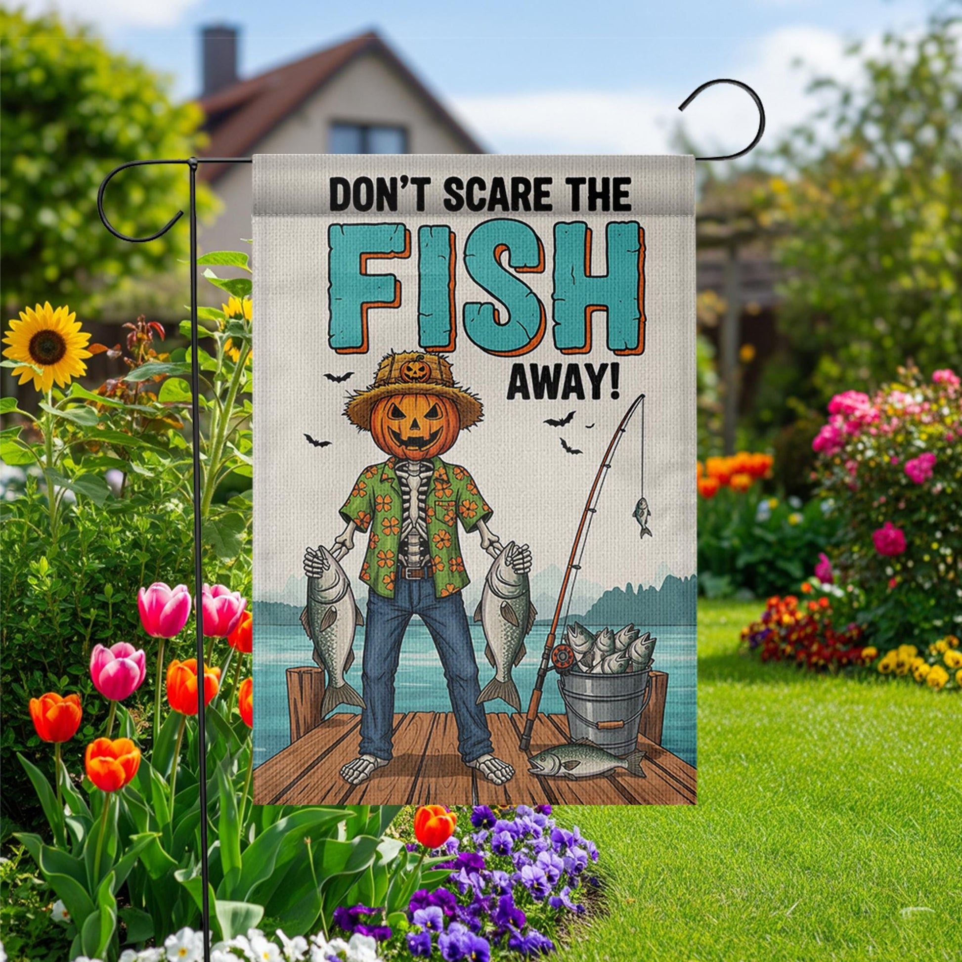Don't Scare The Fish Away" Fishing Pumpkin Garden Flag, Funny Fall Yard Decor, Halloween Fisherman Outdoor Banner, Unique Autumn Art