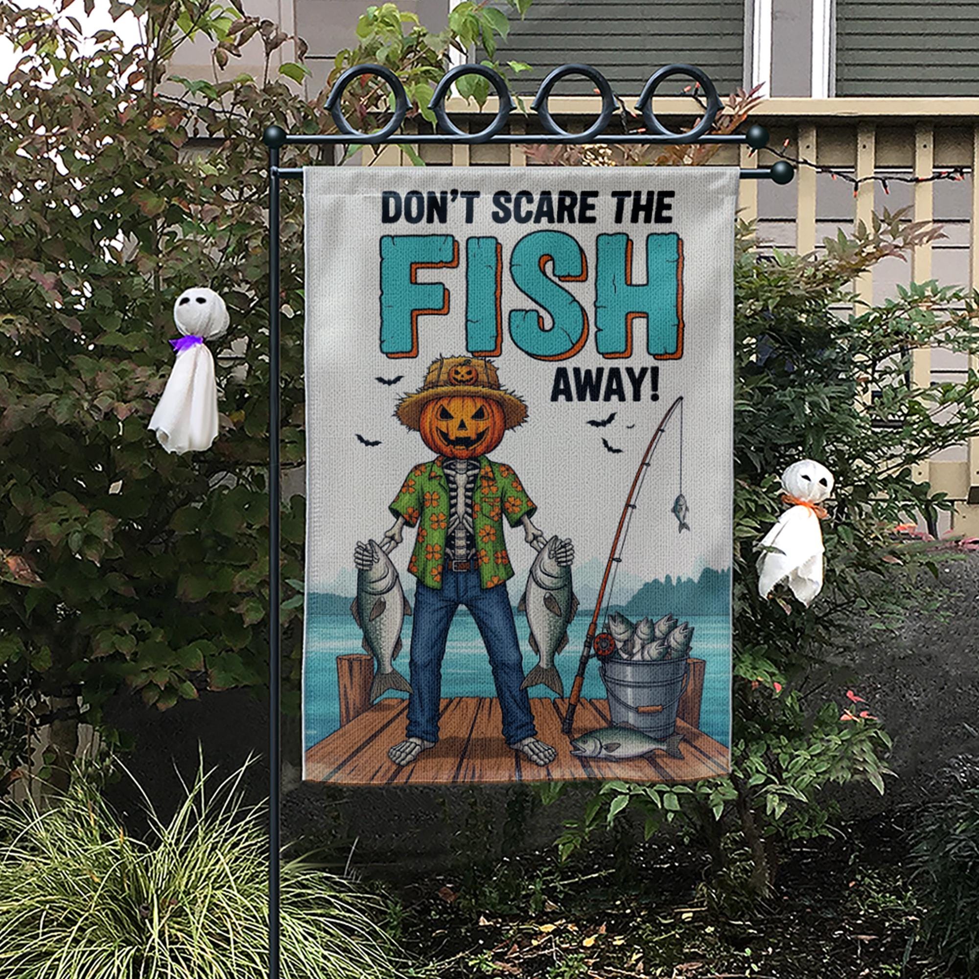 Don't Scare The Fish Away" Fishing Pumpkin Garden Flag, Funny Fall Yard Decor, Halloween Fisherman Outdoor Banner, Unique Autumn Art