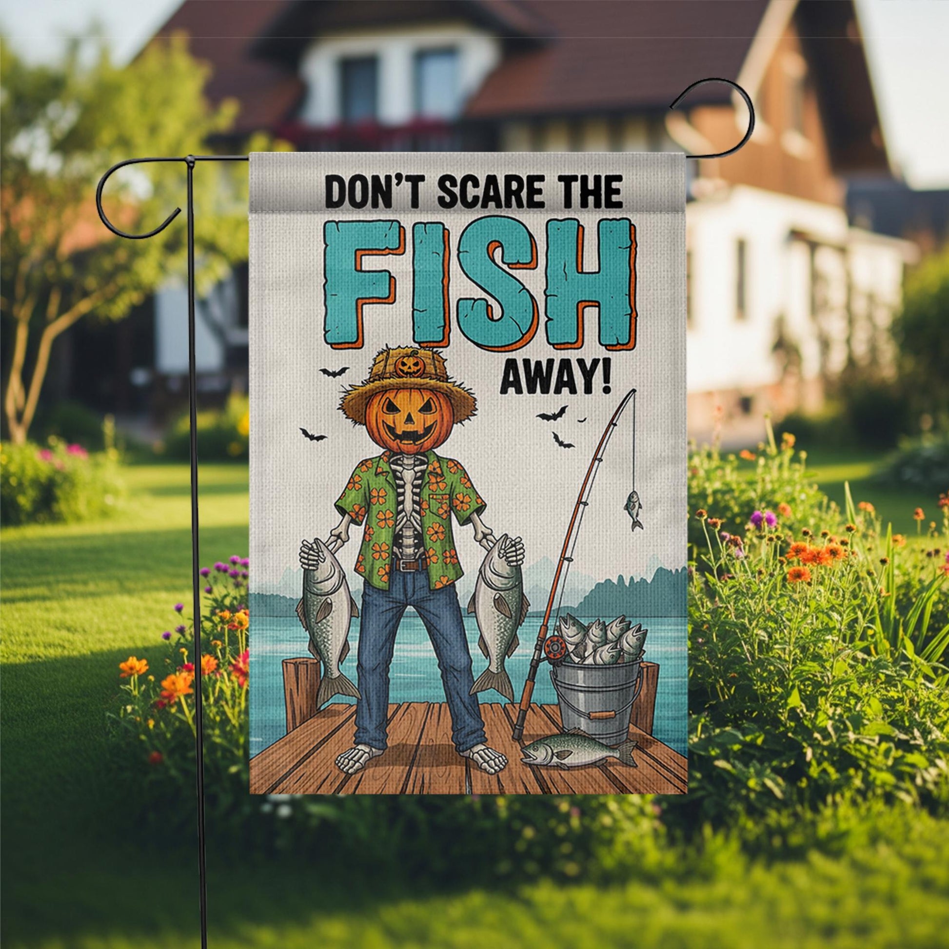 Don't Scare The Fish Away" Fishing Pumpkin Garden Flag, Funny Fall Yard Decor, Halloween Fisherman Outdoor Banner, Unique Autumn Art