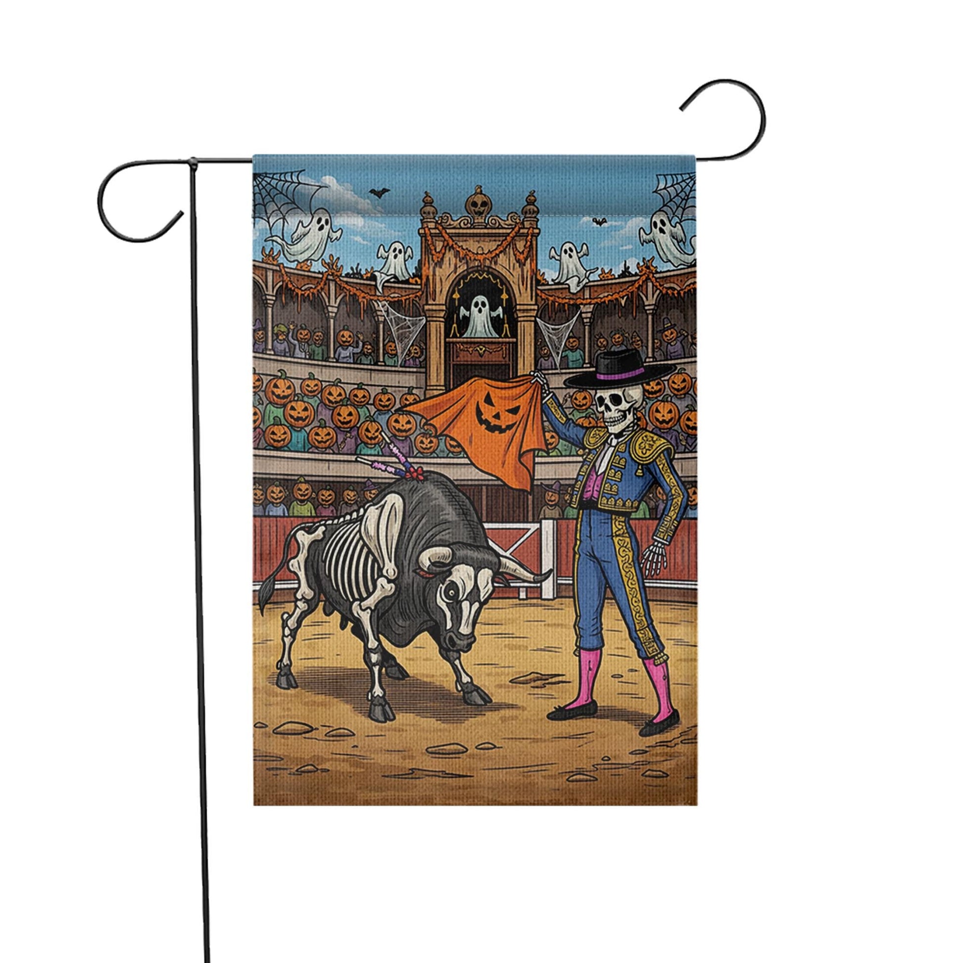 Halloween Matador Skeleton Bull Garden Flag, Unique Spooky Yard Decor, Funny Gothic Outdoor Banner, Day of the Dead Inspired