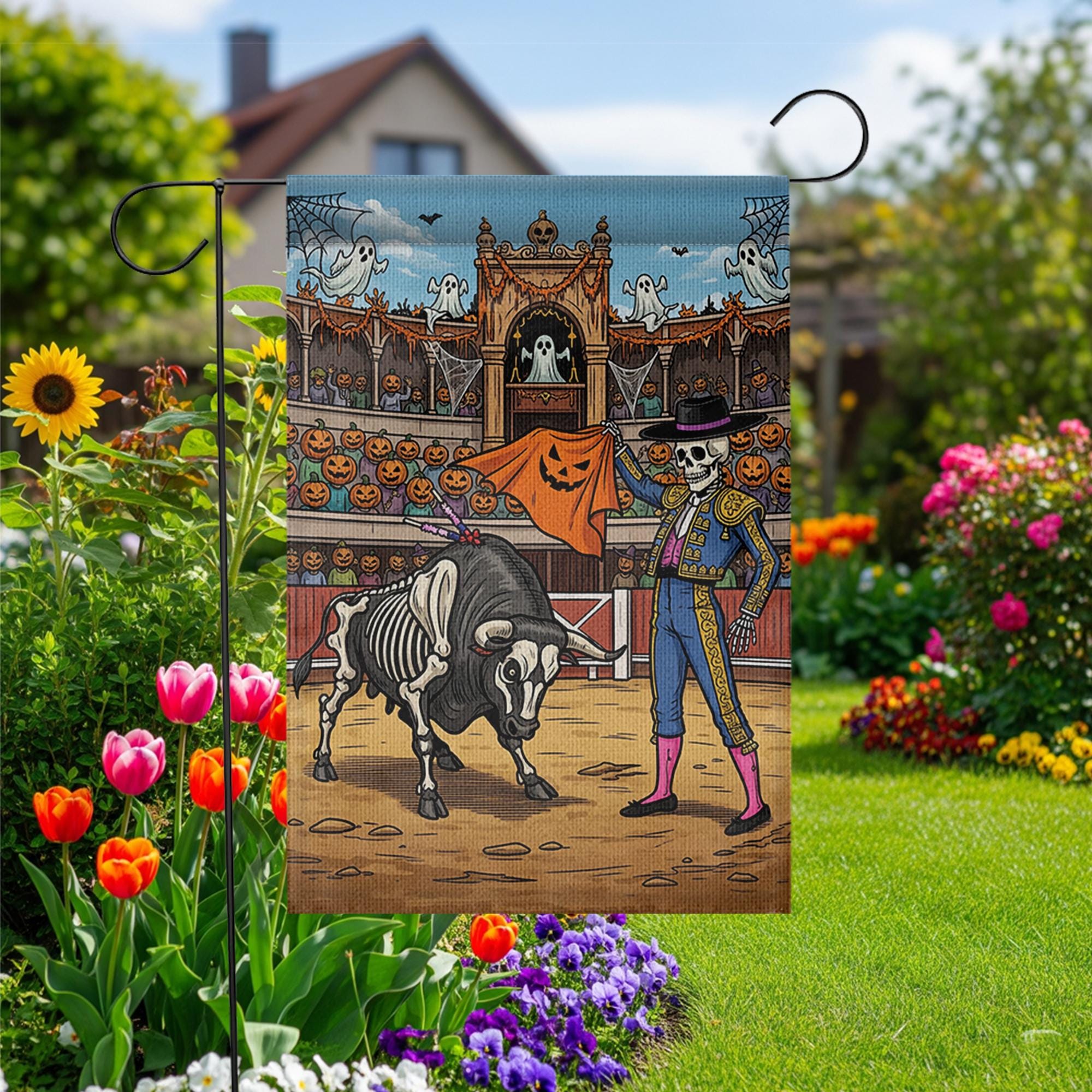 Halloween Matador Skeleton Bull Garden Flag, Unique Spooky Yard Decor, Funny Gothic Outdoor Banner, Day of the Dead Inspired