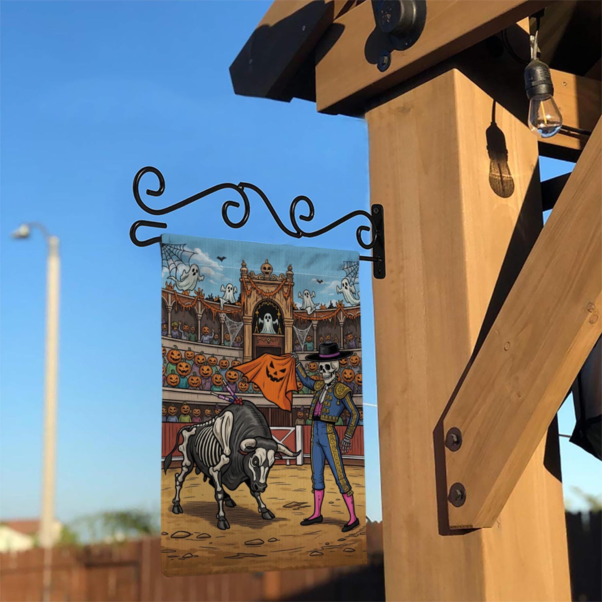 Halloween Matador Skeleton Bull Garden Flag, Unique Spooky Yard Decor, Funny Gothic Outdoor Banner, Day of the Dead Inspired