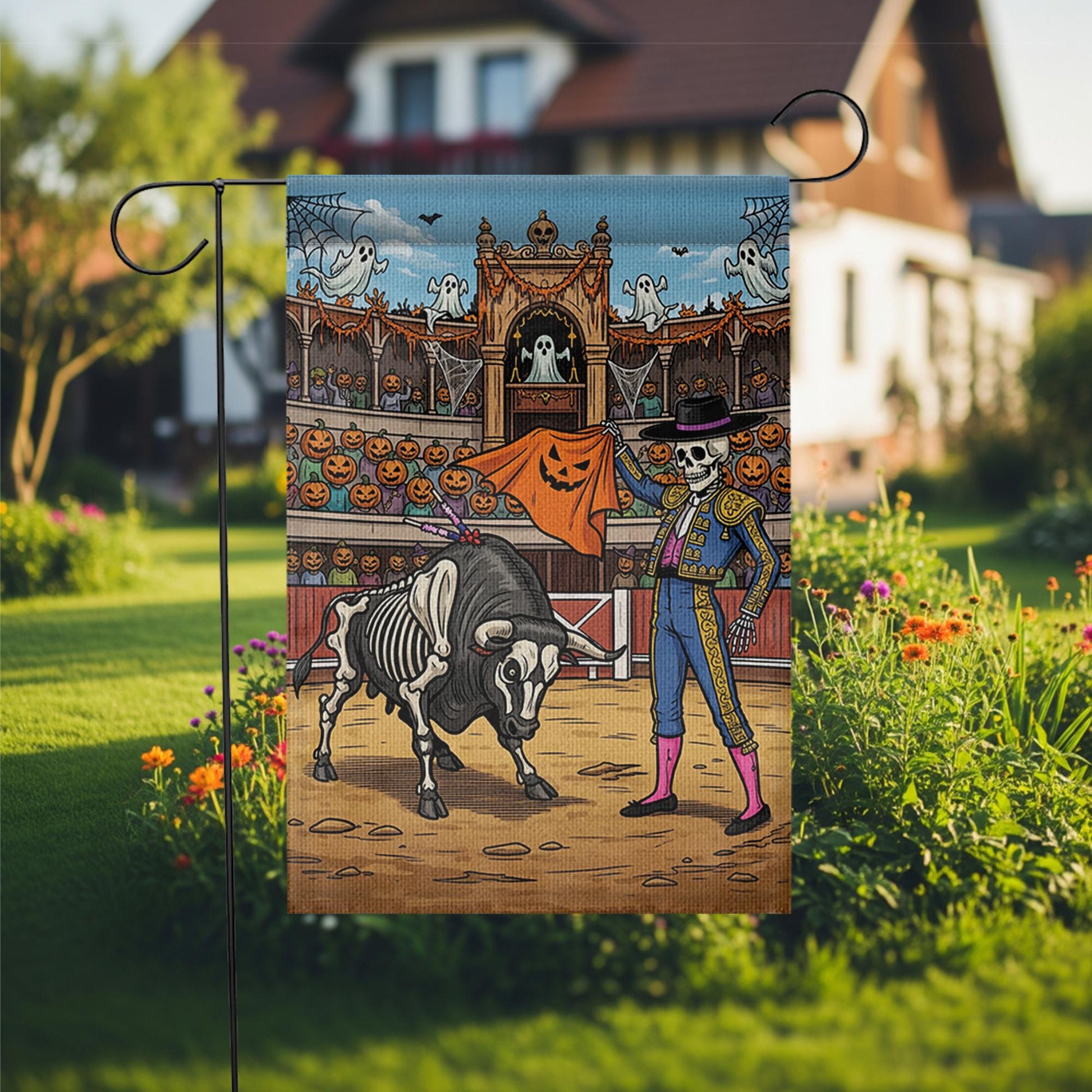 Halloween Matador Skeleton Bull Garden Flag, Unique Spooky Yard Decor, Funny Gothic Outdoor Banner, Day of the Dead Inspired