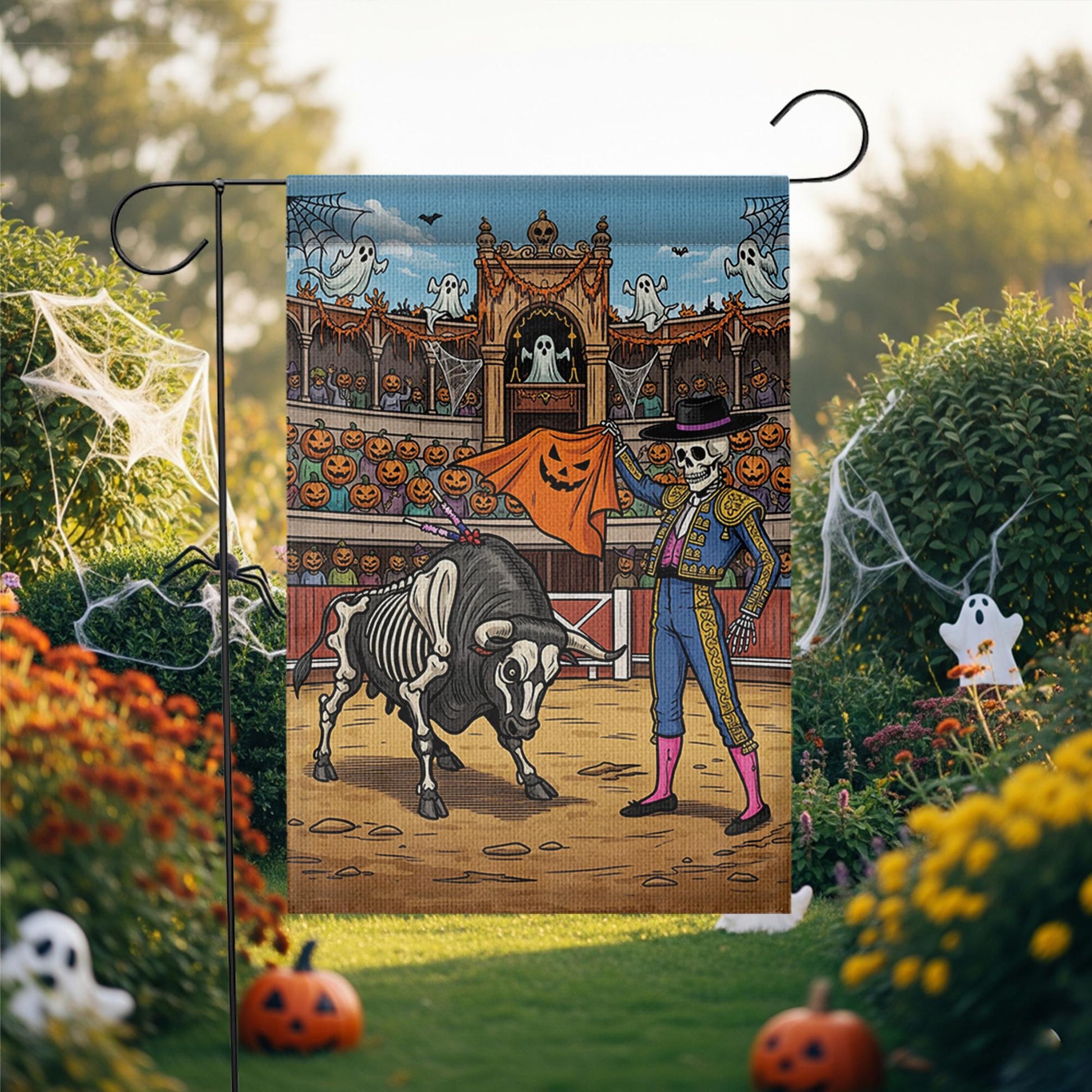 Halloween Matador Skeleton Bull Garden Flag, Unique Spooky Yard Decor, Funny Gothic Outdoor Banner, Day of the Dead Inspired