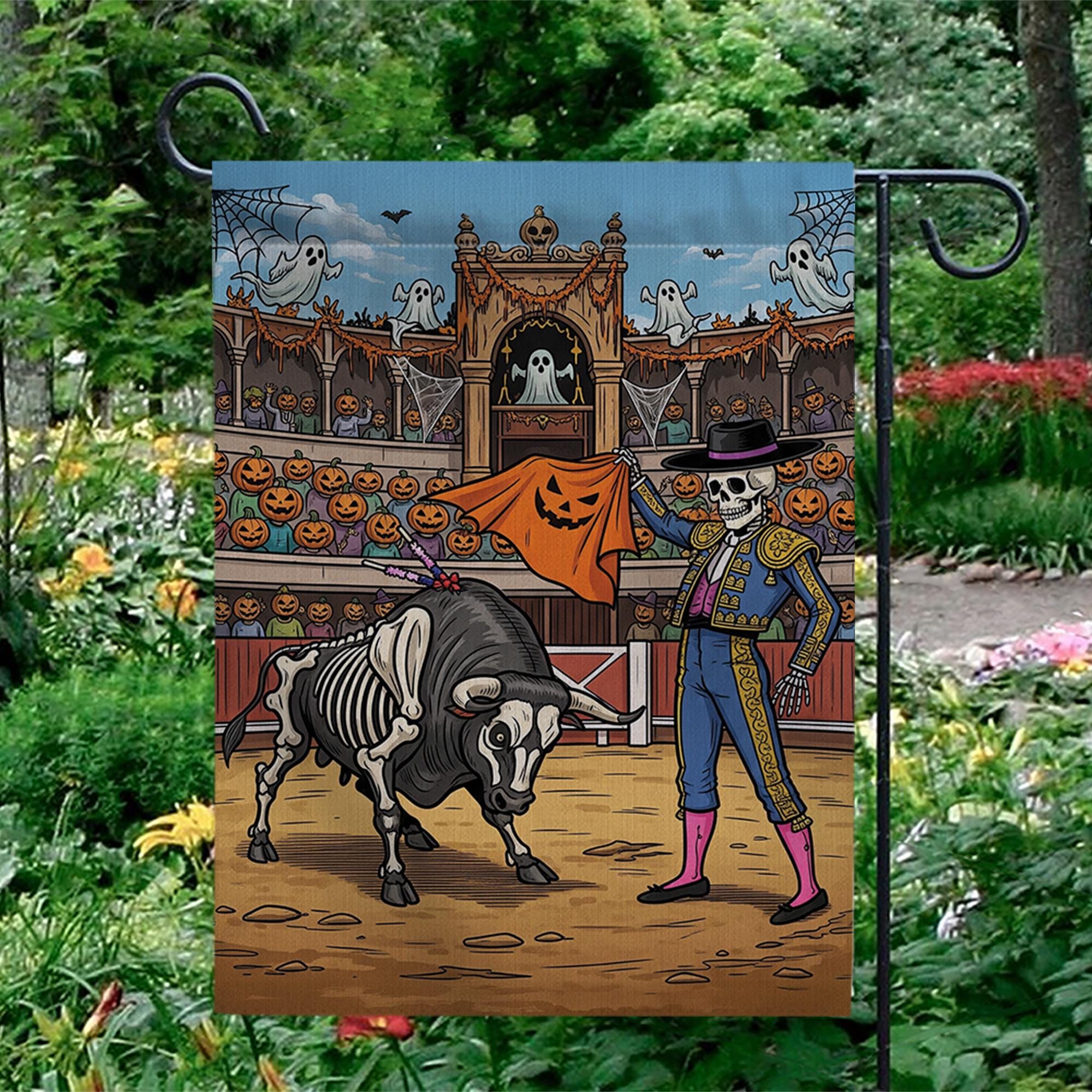 Halloween Matador Skeleton Bull Garden Flag, Unique Spooky Yard Decor, Funny Gothic Outdoor Banner, Day of the Dead Inspired