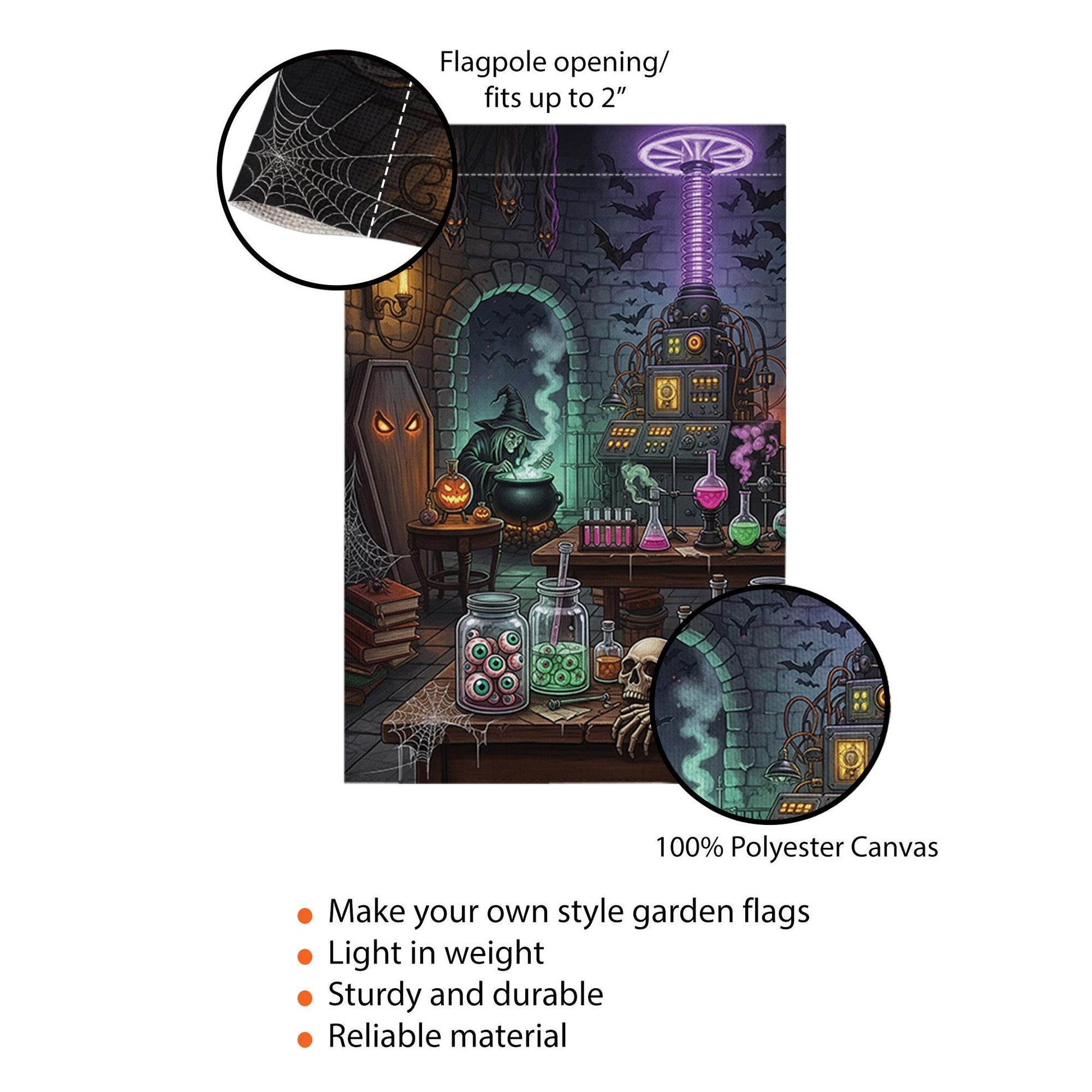 Spooky Mad Scientist Lab Garden Flag, Halloween Witch Cauldron Yard Decor, Gothic Horror Outdoor Banner, Eyeball Jars Art