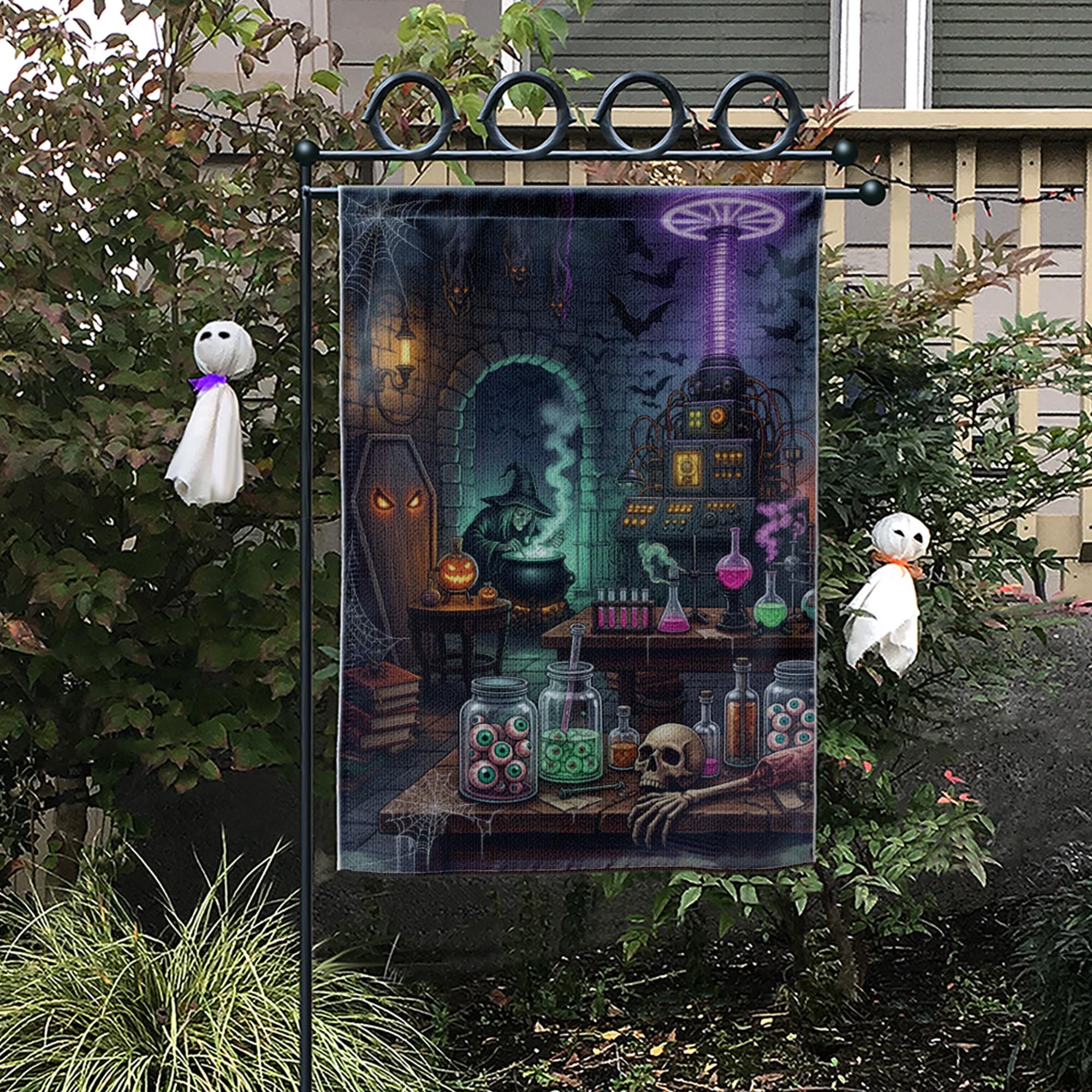 Spooky Mad Scientist Lab Garden Flag, Halloween Witch Cauldron Yard Decor, Gothic Horror Outdoor Banner, Eyeball Jars Art