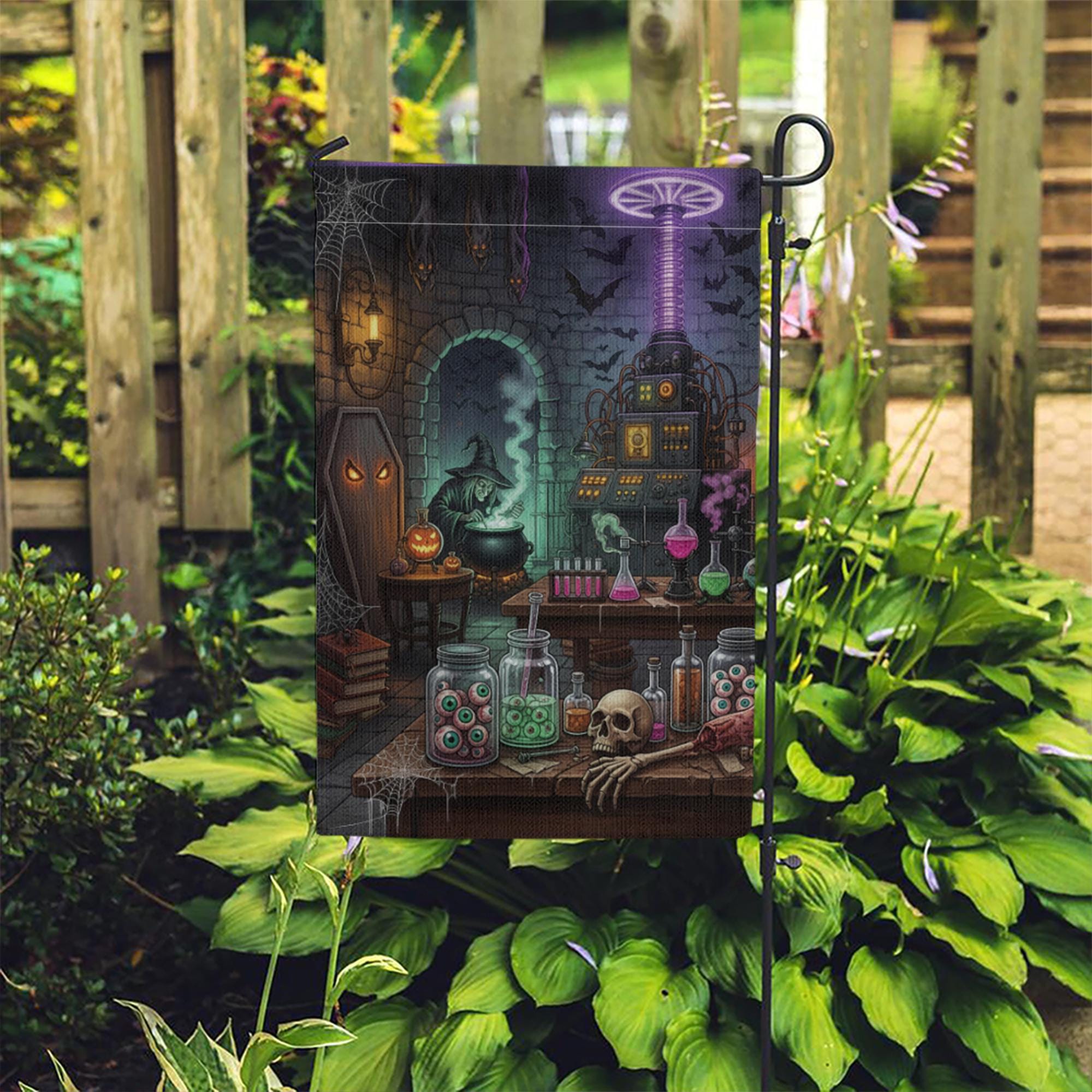 Spooky Mad Scientist Lab Garden Flag, Halloween Witch Cauldron Yard Decor, Gothic Horror Outdoor Banner, Eyeball Jars Art