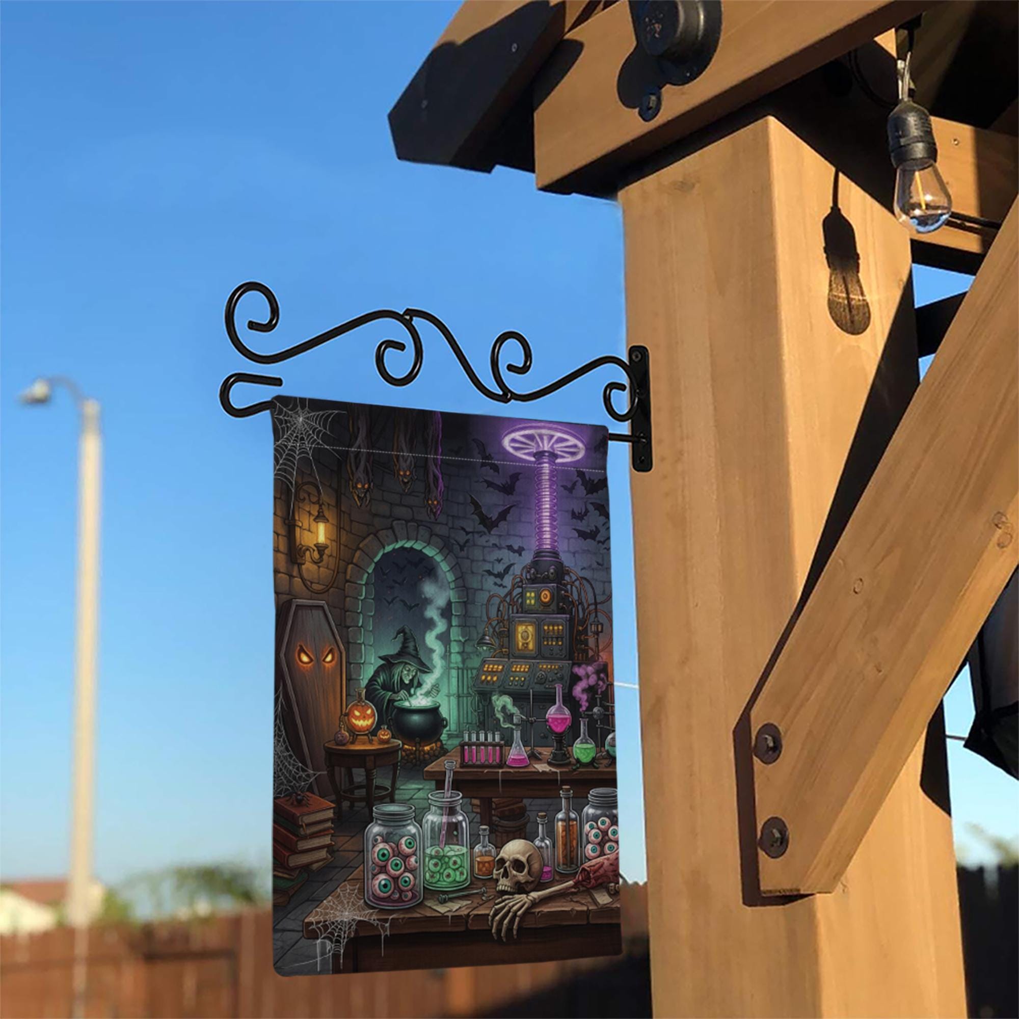 Spooky Mad Scientist Lab Garden Flag, Halloween Witch Cauldron Yard Decor, Gothic Horror Outdoor Banner, Eyeball Jars Art