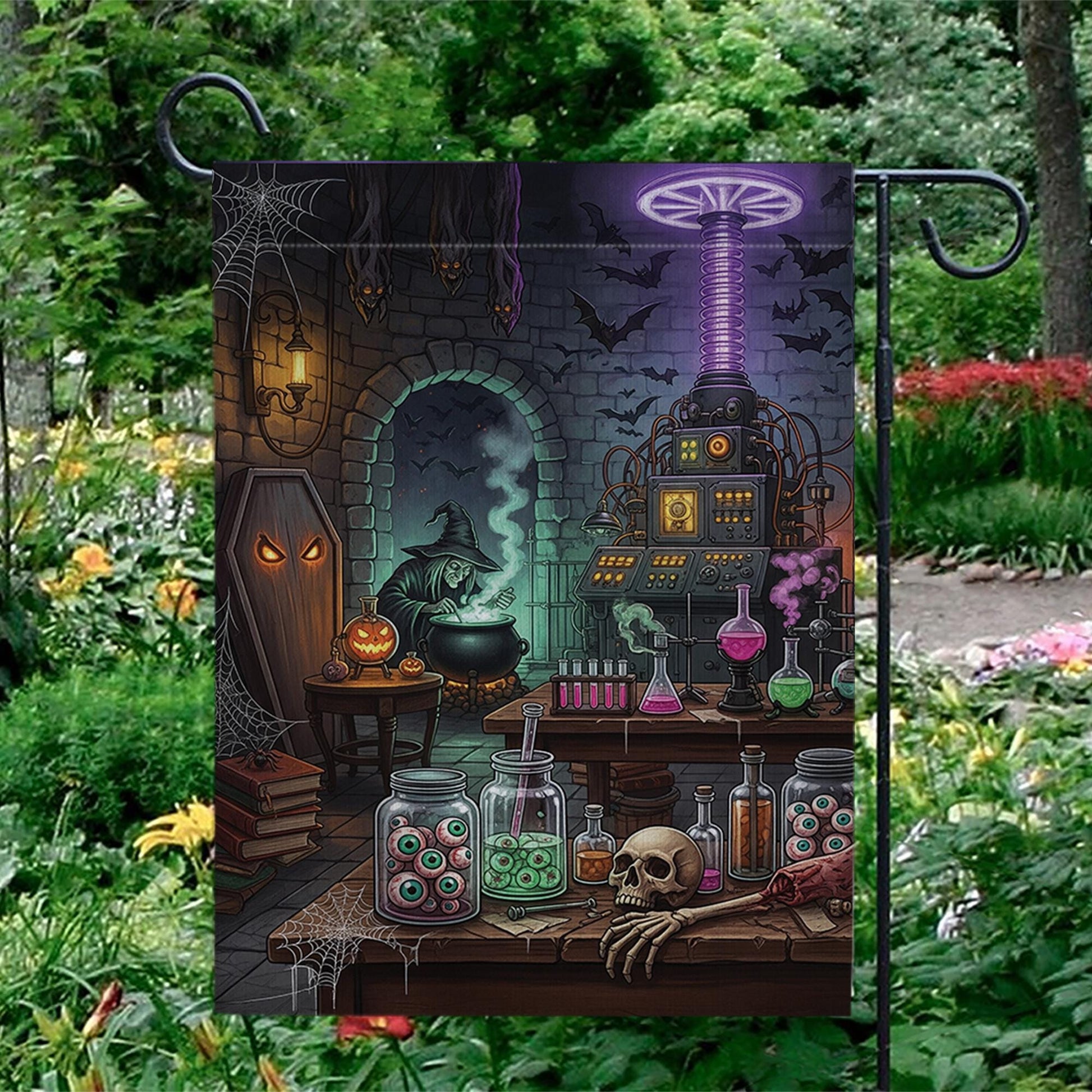 Spooky Mad Scientist Lab Garden Flag, Halloween Witch Cauldron Yard Decor, Gothic Horror Outdoor Banner, Eyeball Jars Art