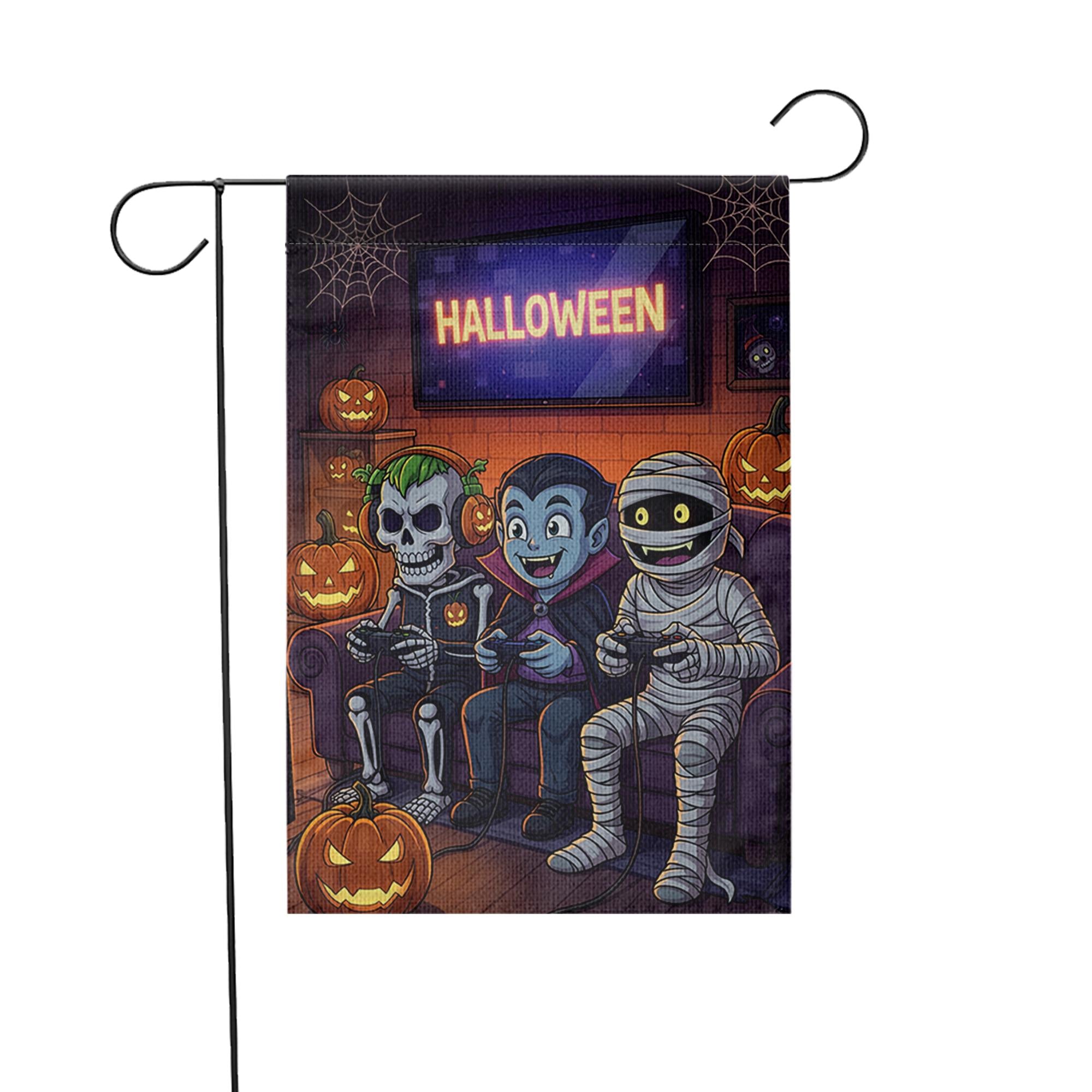 Gaming Monsters Halloween Garden Flag, Spooky Skeleton Vampire Mummy Yard Decor, Funny Outdoor Fall Banner, Trick or Treat Fun