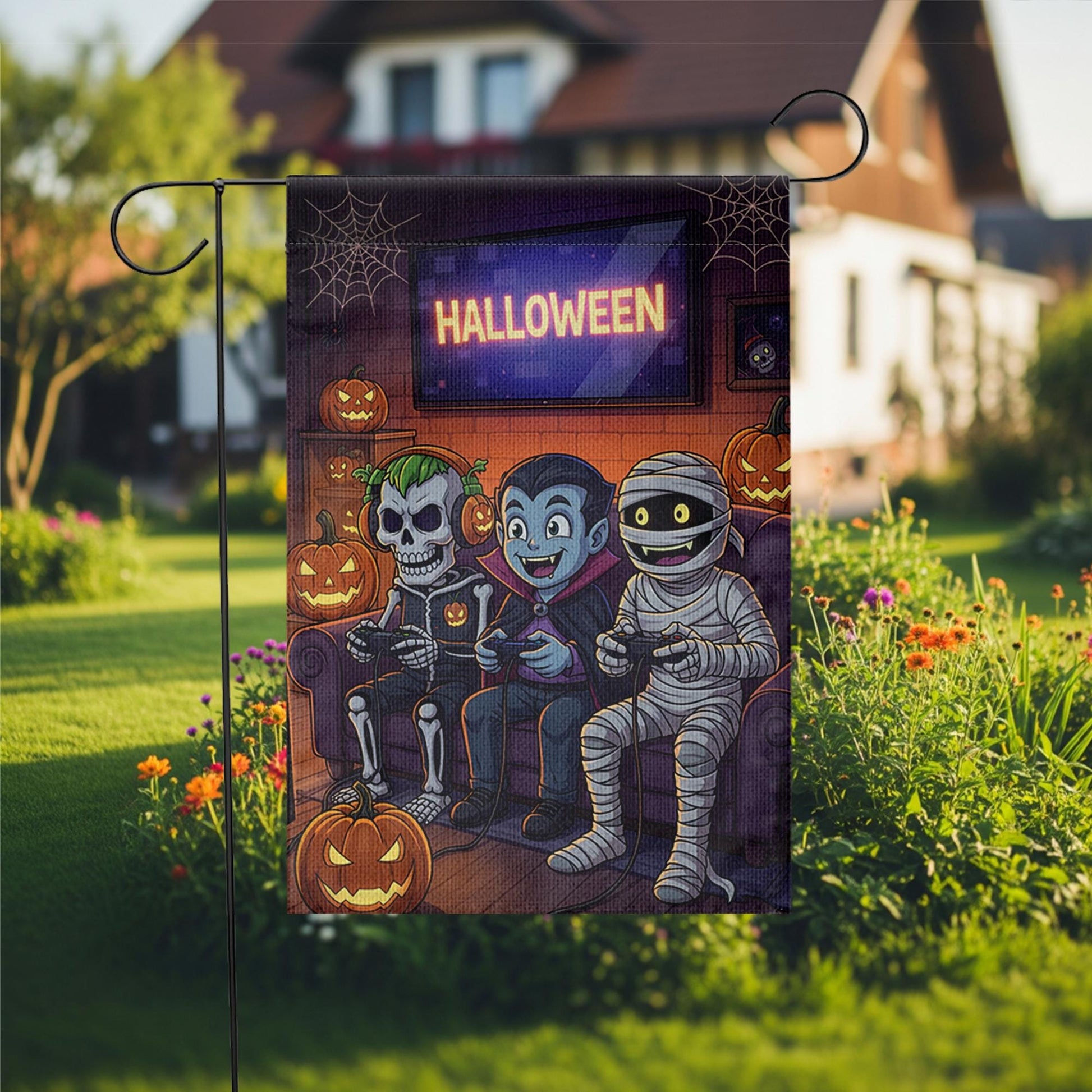 Gaming Monsters Halloween Garden Flag, Spooky Skeleton Vampire Mummy Yard Decor, Funny Outdoor Fall Banner, Trick or Treat Fun