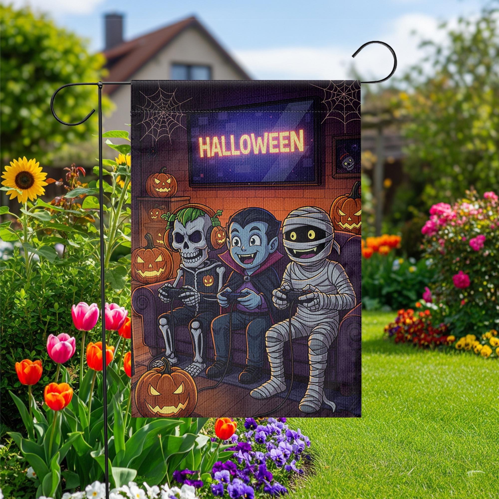 Gaming Monsters Halloween Garden Flag, Spooky Skeleton Vampire Mummy Yard Decor, Funny Outdoor Fall Banner, Trick or Treat Fun