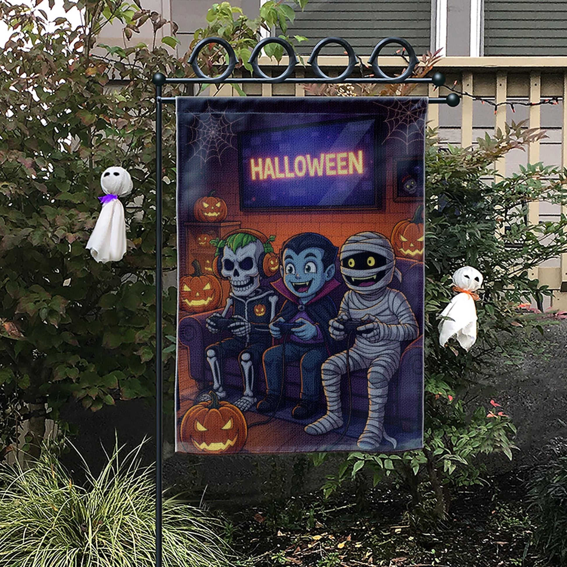 Gaming Monsters Halloween Garden Flag, Spooky Skeleton Vampire Mummy Yard Decor, Funny Outdoor Fall Banner, Trick or Treat Fun