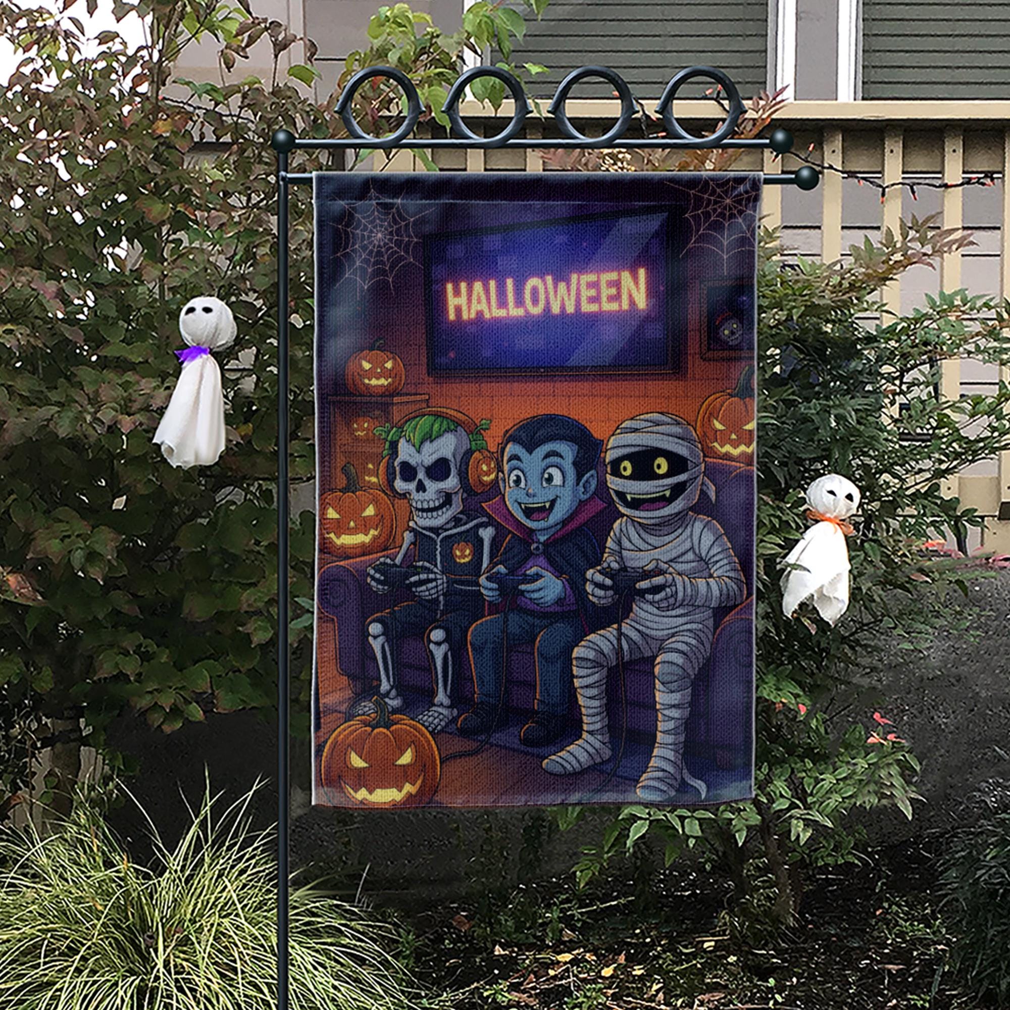 Gaming Monsters Halloween Garden Flag, Spooky Skeleton Vampire Mummy Yard Decor, Funny Outdoor Fall Banner, Trick or Treat Fun