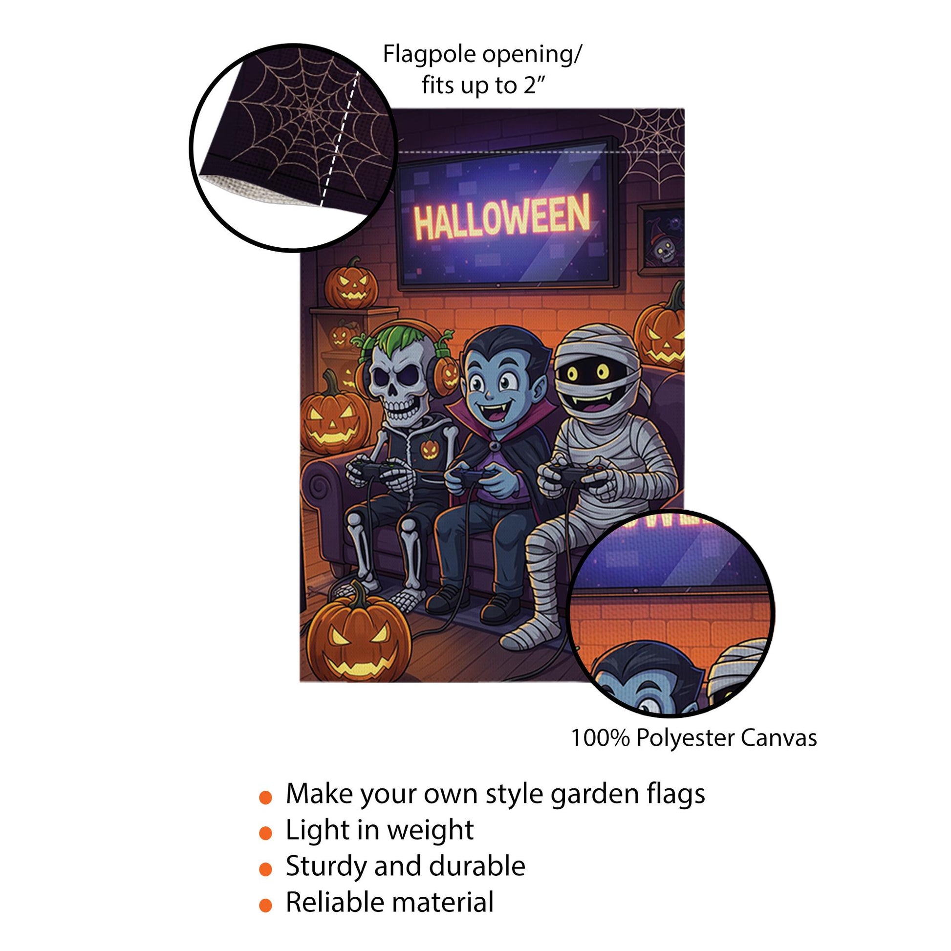 Gaming Monsters Halloween Garden Flag, Spooky Skeleton Vampire Mummy Yard Decor, Funny Outdoor Fall Banner, Trick or Treat Fun
