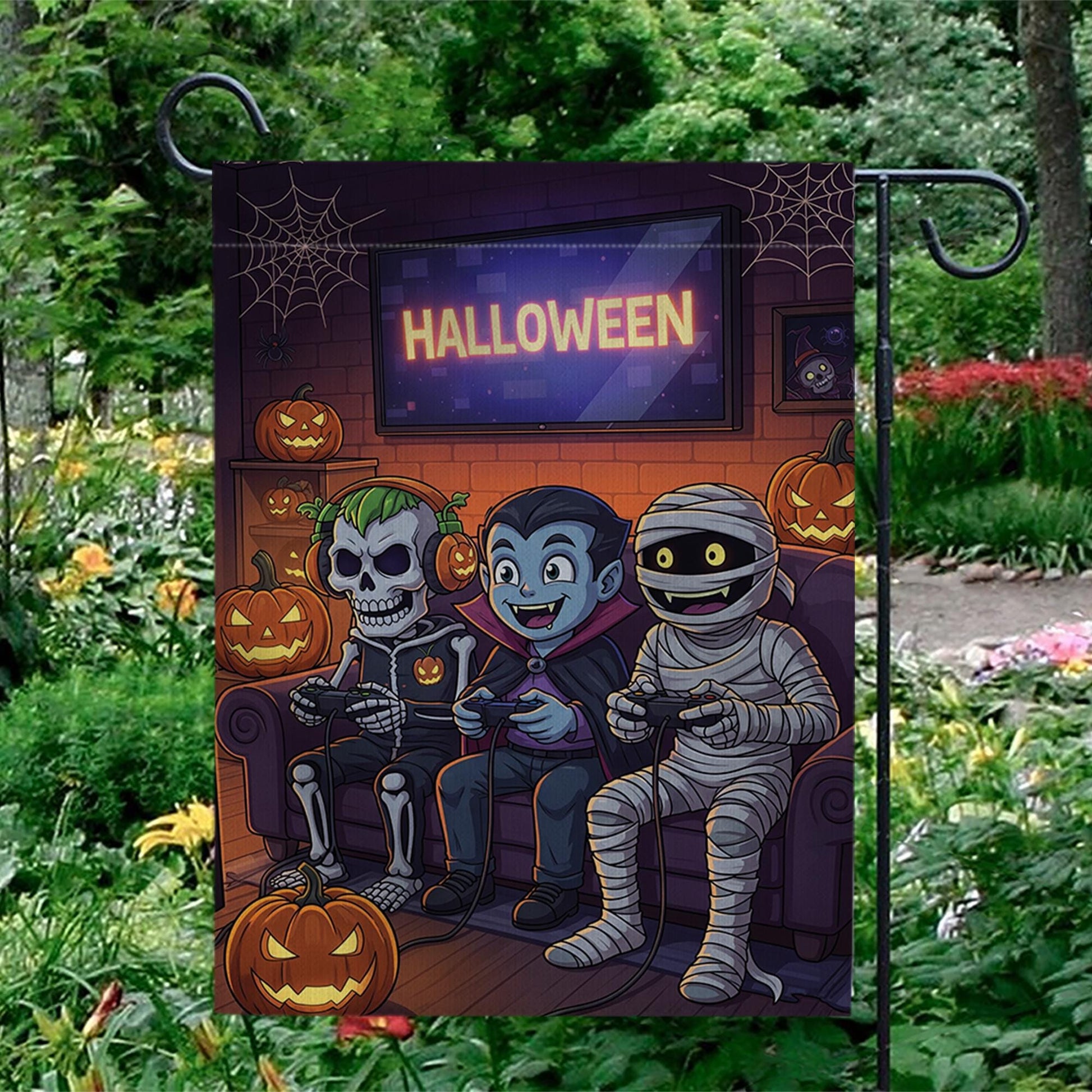 Gaming Monsters Halloween Garden Flag, Spooky Skeleton Vampire Mummy Yard Decor, Funny Outdoor Fall Banner, Trick or Treat Fun