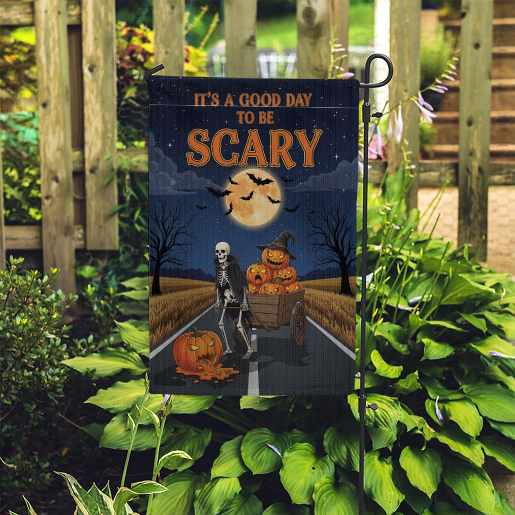 Good Day To Be Scary" Skeleton & Pumpkin Wagon Garden Flag, Spooky Halloween Yard Decor, Full Moon Outdoor Banner, Fall Welcome