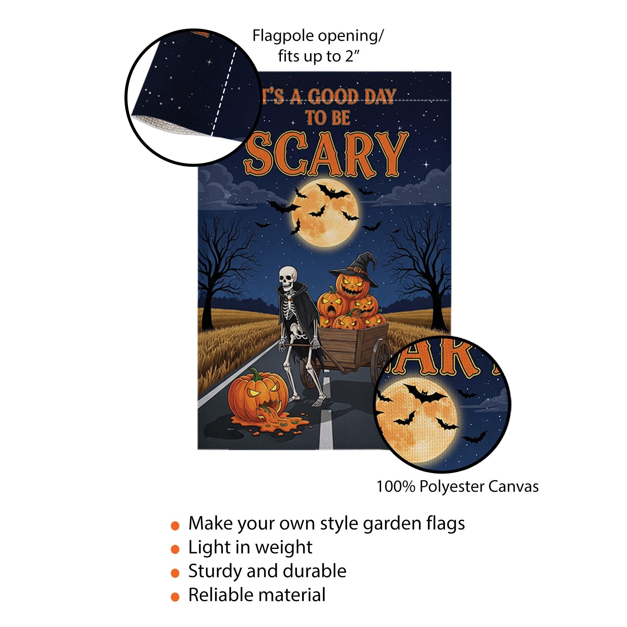 Good Day To Be Scary" Skeleton & Pumpkin Wagon Garden Flag, Spooky Halloween Yard Decor, Full Moon Outdoor Banner, Fall Welcome