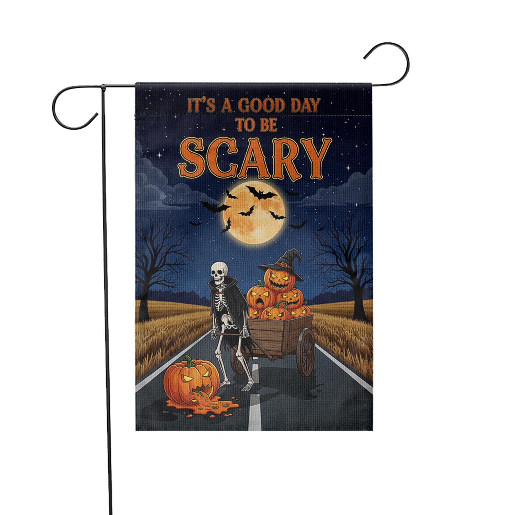 Good Day To Be Scary" Skeleton & Pumpkin Wagon Garden Flag, Spooky Halloween Yard Decor, Full Moon Outdoor Banner, Fall Welcome