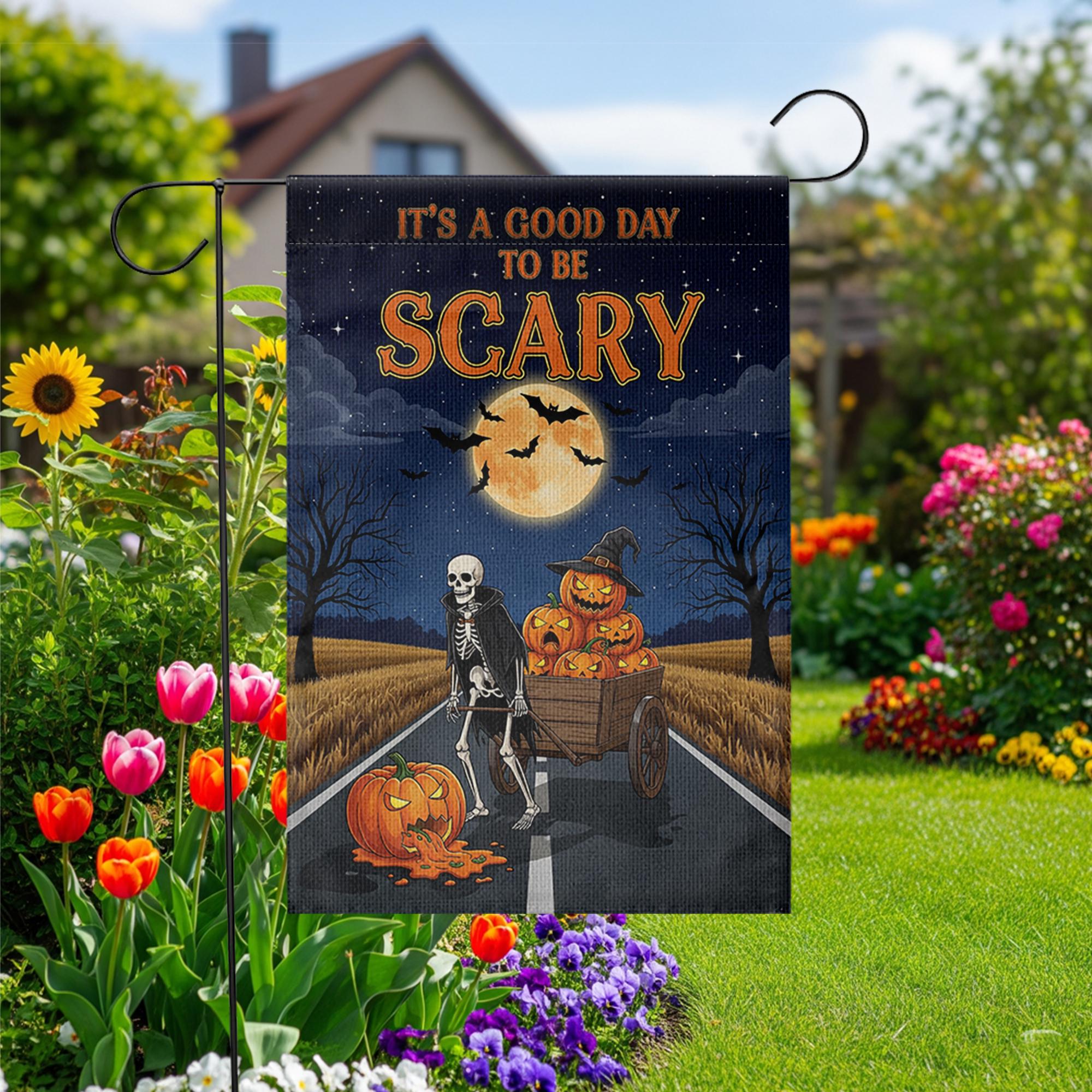 Good Day To Be Scary" Skeleton & Pumpkin Wagon Garden Flag, Spooky Halloween Yard Decor, Full Moon Outdoor Banner, Fall Welcome