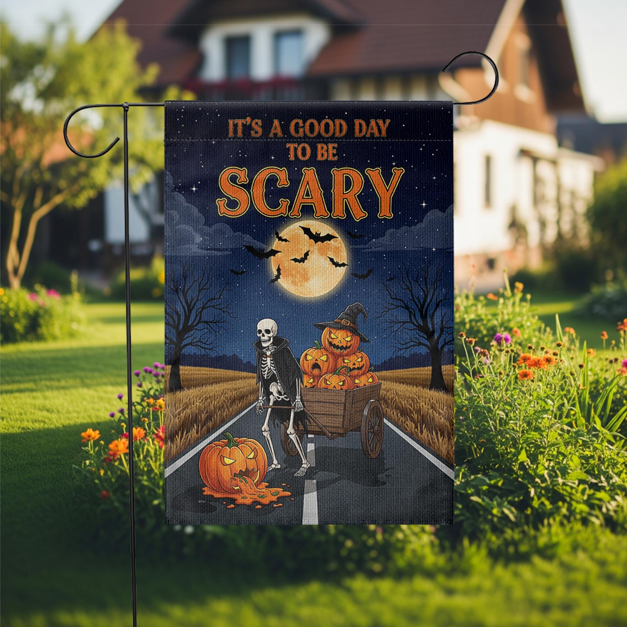 Good Day To Be Scary" Skeleton & Pumpkin Wagon Garden Flag, Spooky Halloween Yard Decor, Full Moon Outdoor Banner, Fall Welcome
