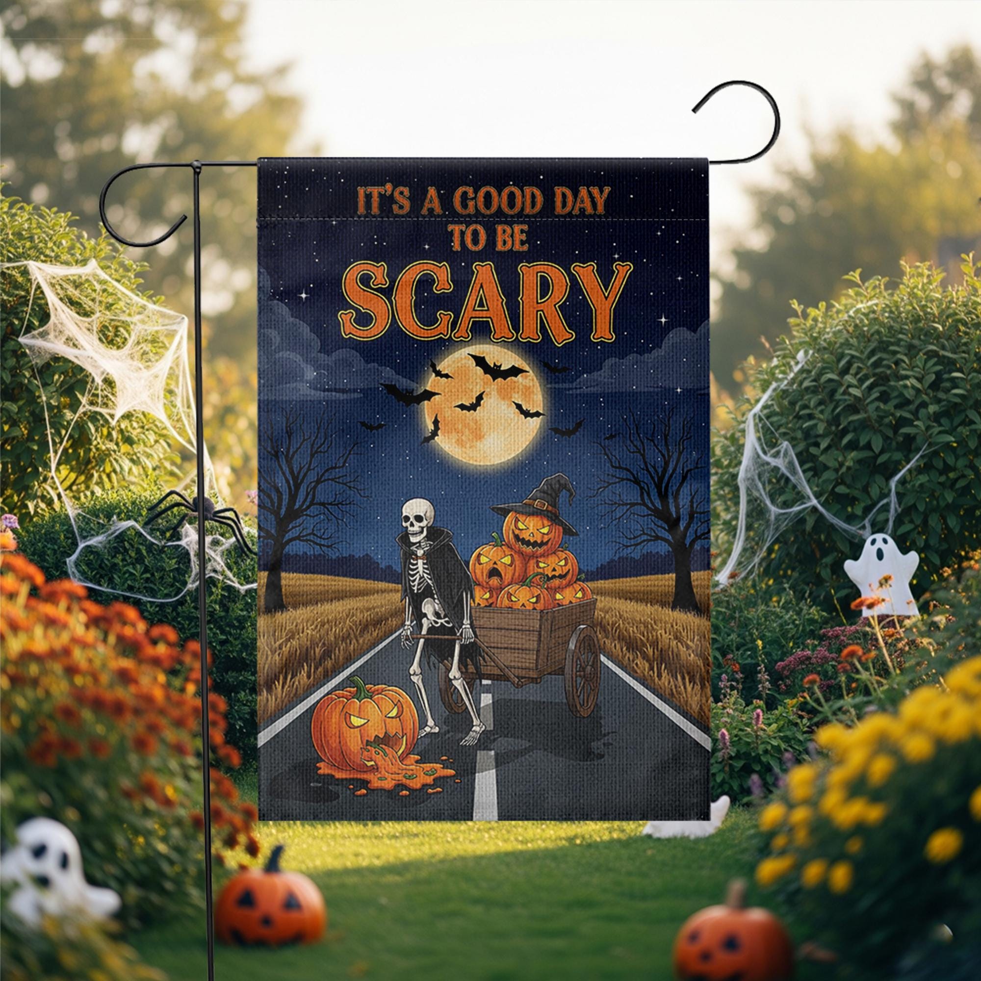 Good Day To Be Scary" Skeleton & Pumpkin Wagon Garden Flag, Spooky Halloween Yard Decor, Full Moon Outdoor Banner, Fall Welcome
