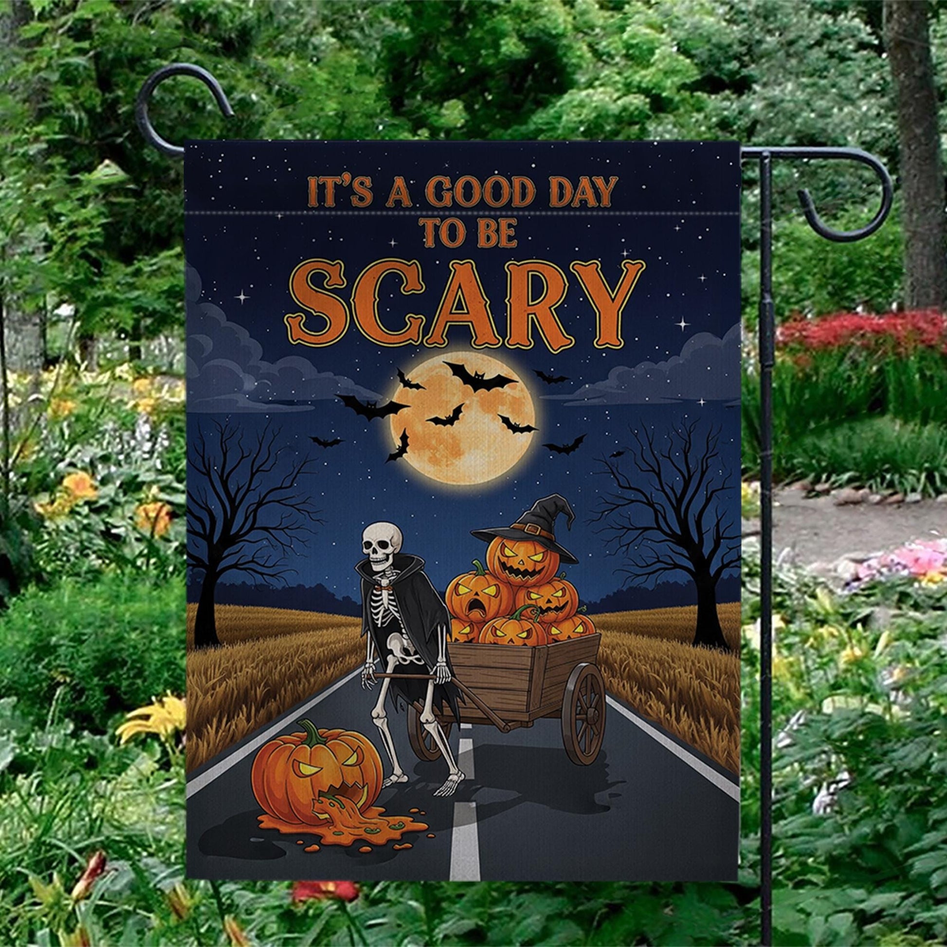 Good Day To Be Scary" Skeleton & Pumpkin Wagon Garden Flag, Spooky Halloween Yard Decor, Full Moon Outdoor Banner, Fall Welcome