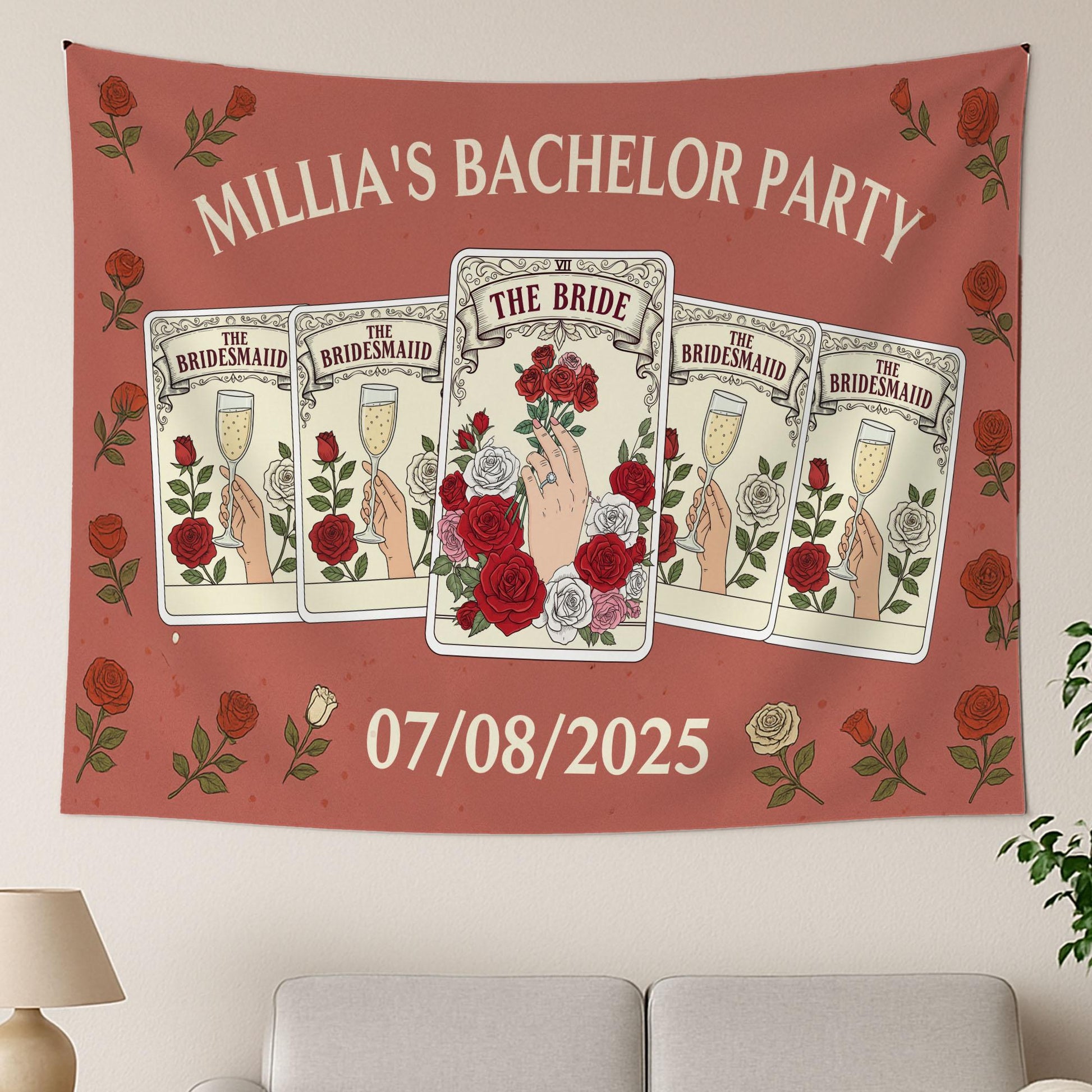 Tarot Bachelorette Party Banner, Bride and Bridesmaid Tapestry, Custom Bach Party Decor, Floral Bridal Shower Sign, Wedding Prop Sign