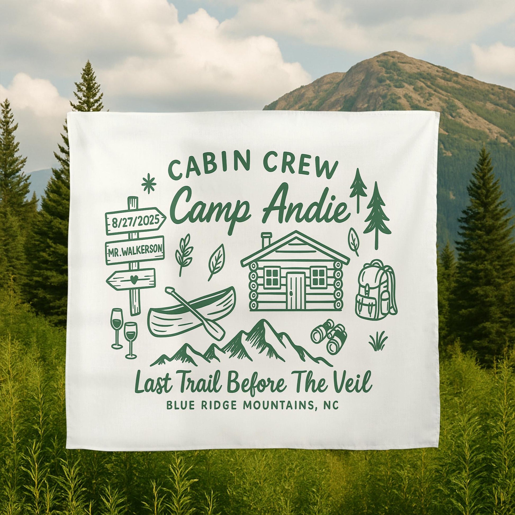 Camp Bachelorette Tapestry – Custom Last Trail Before the Veil Banner, Cabin Crew Bridal Shower Gift, Outdoor Wedding Decor