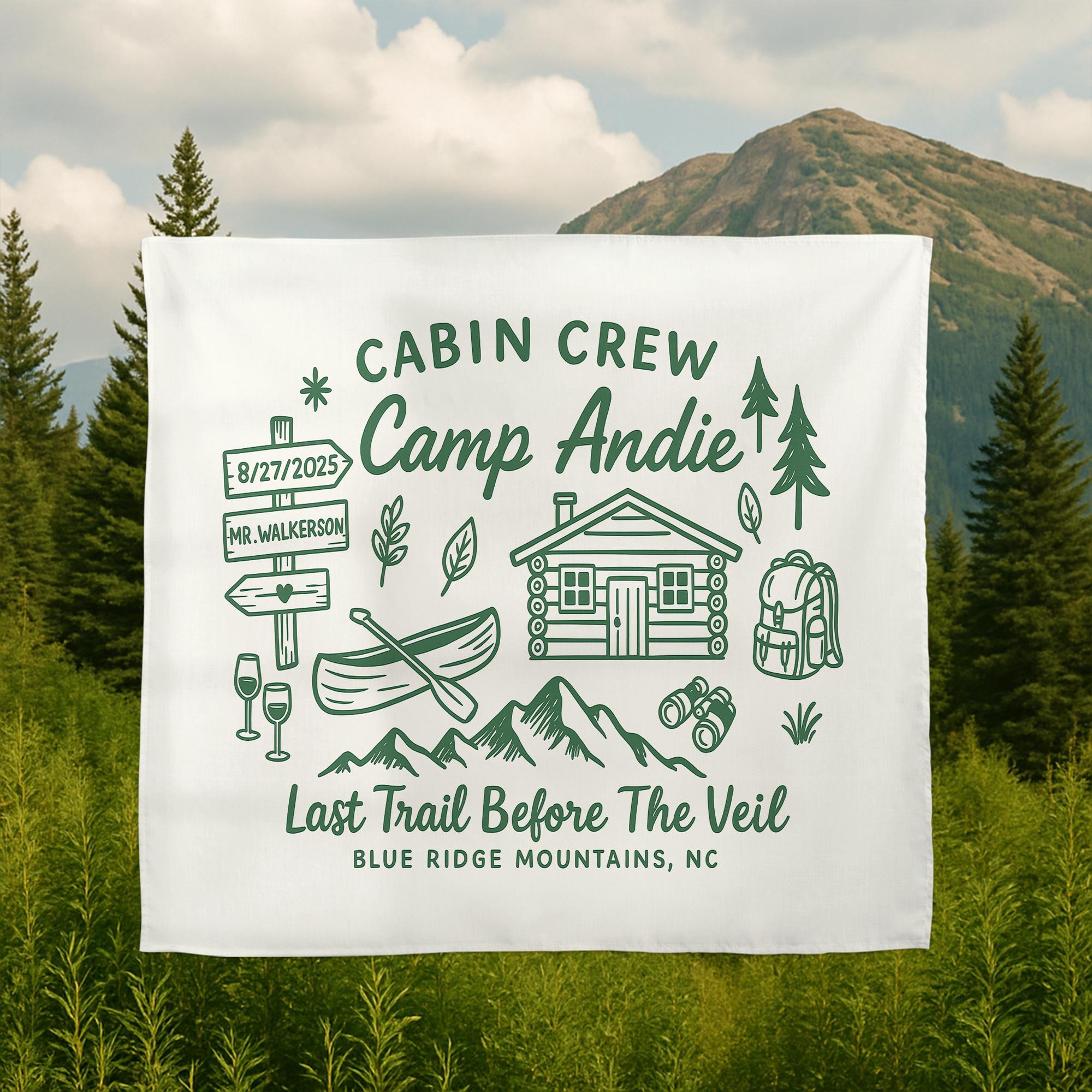 Camp Bachelorette Tapestry – Custom Last Trail Before the Veil Banner, Cabin Crew Bridal Shower Gift, Outdoor Wedding Decor