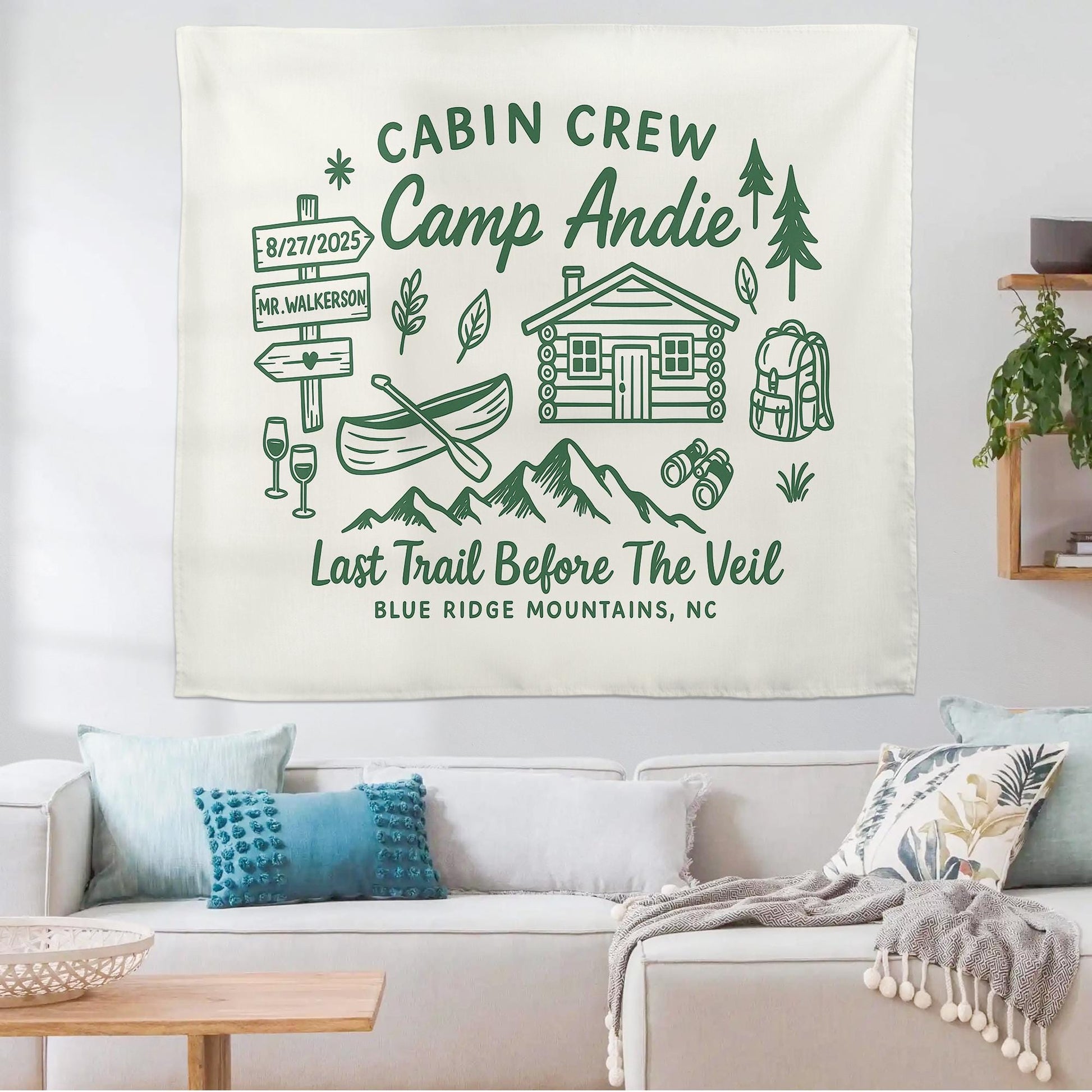 Camp Bachelorette Tapestry – Custom Last Trail Before the Veil Banner, Cabin Crew Bridal Shower Gift, Outdoor Wedding Decor