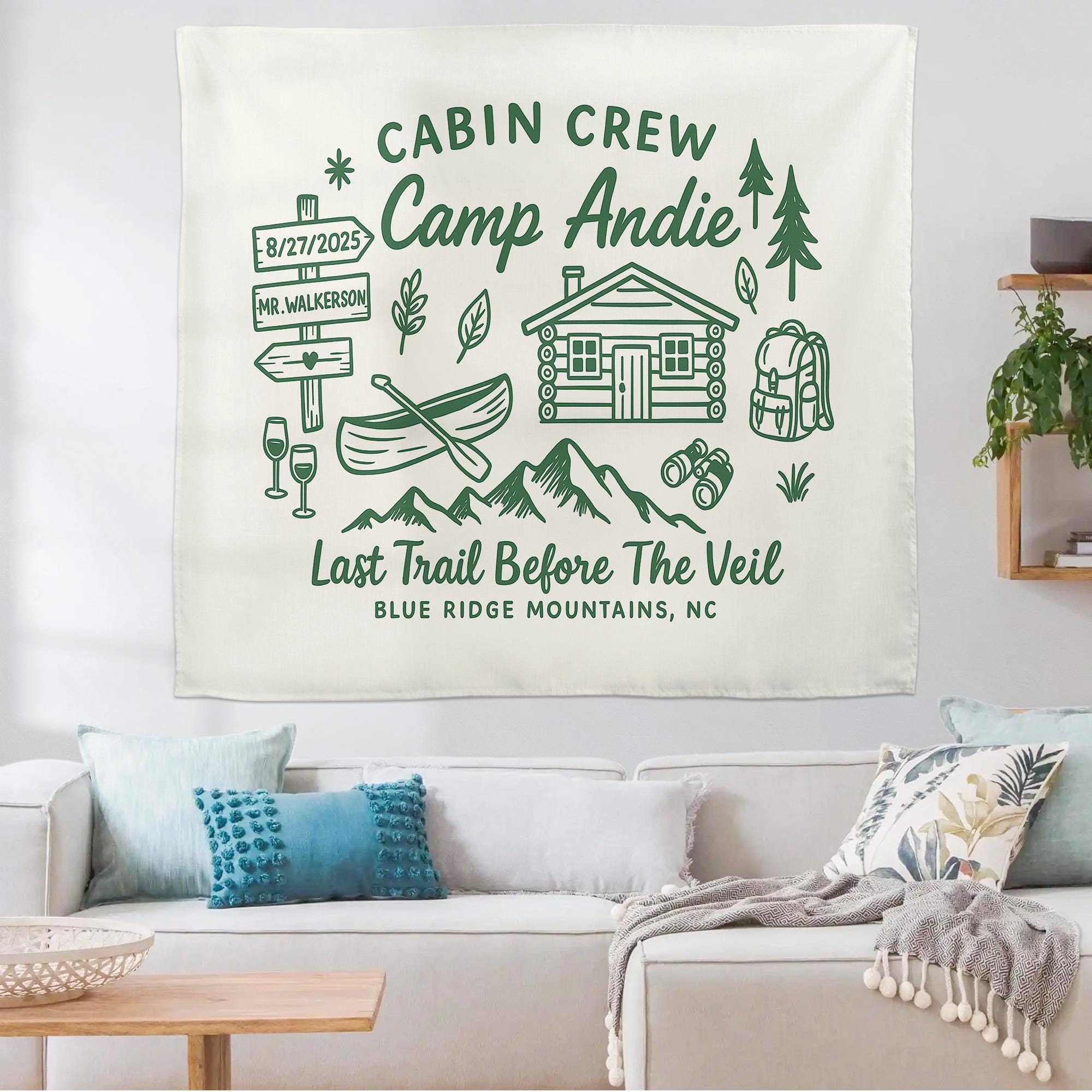 Camp Bachelorette Tapestry – Custom Last Trail Before the Veil Banner, Cabin Crew Bridal Shower Gift, Outdoor Wedding Decor