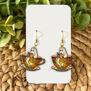 Ghost Teacup Earrings – Cute Spooky Acrylic Earrings, Camp Partner Gift, Cozy Fall Ghost Jewelry, Cottagecore Halloween Dangles