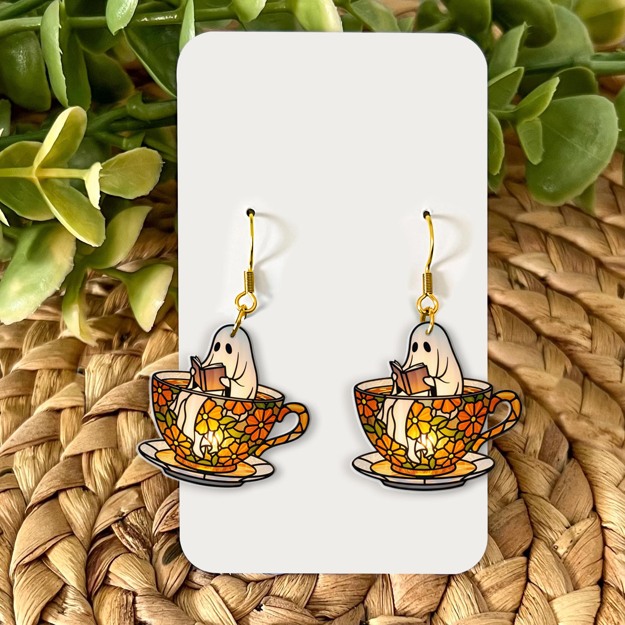 Ghost Teacup Earrings – Cute Spooky Acrylic Earrings, Camp Partner Gift, Cozy Fall Ghost Jewelry, Cottagecore Halloween Dangles
