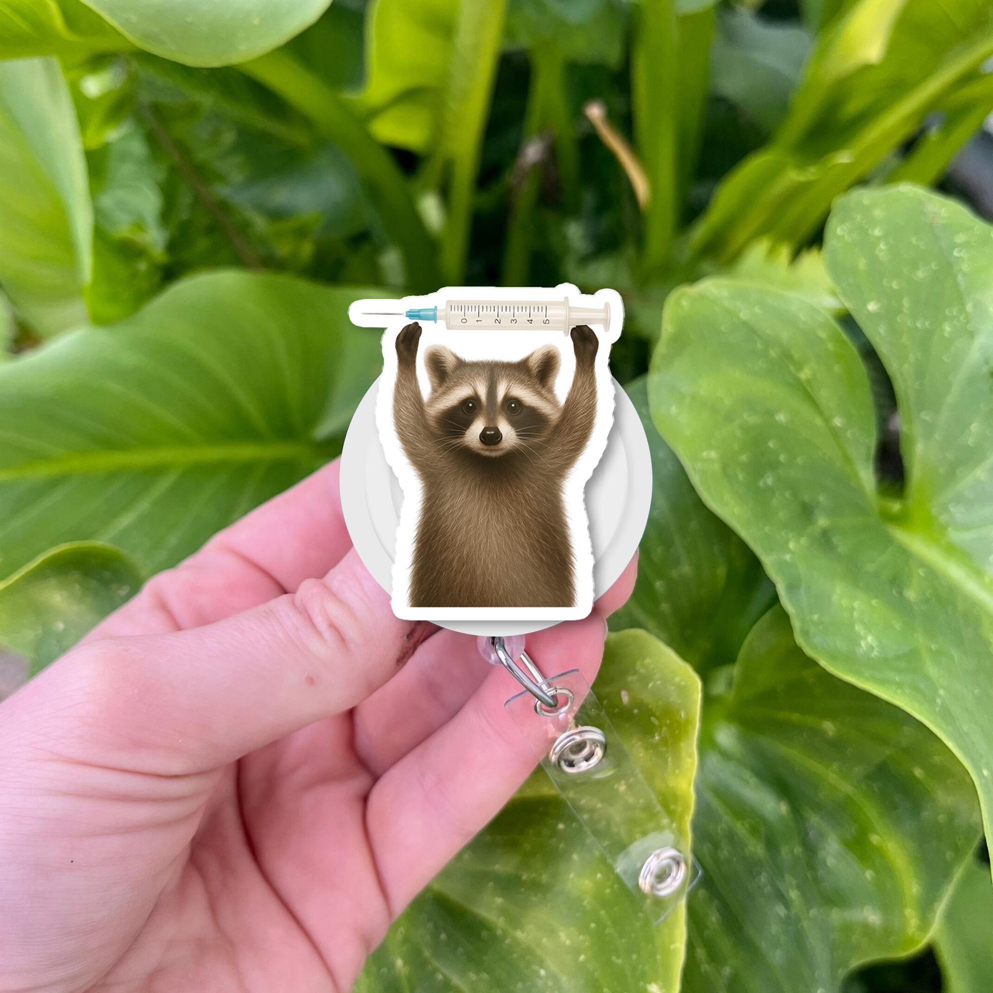 Raccoon Nurse Badge Reel – Cute Animal ID Holder with Syringe, Funny RN crna icu Badge Clip, Vet Tech or Medical Gift