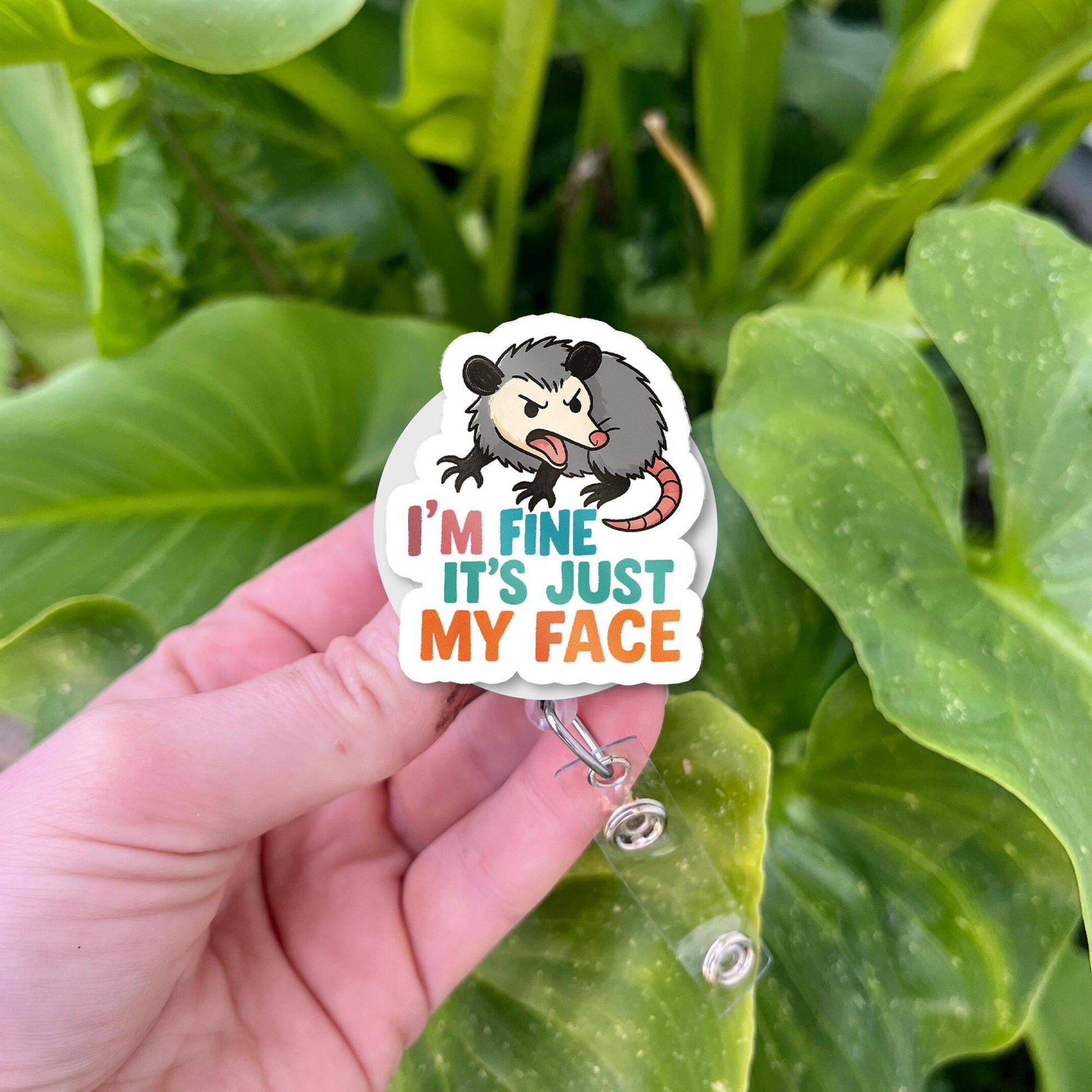 Funny Possum Badge Reel – I'm Fine It's Just My Face ID Holder, Snarky Nurse Badge Clip, Cute Grumpy Animal Gift for Healthcare Workers