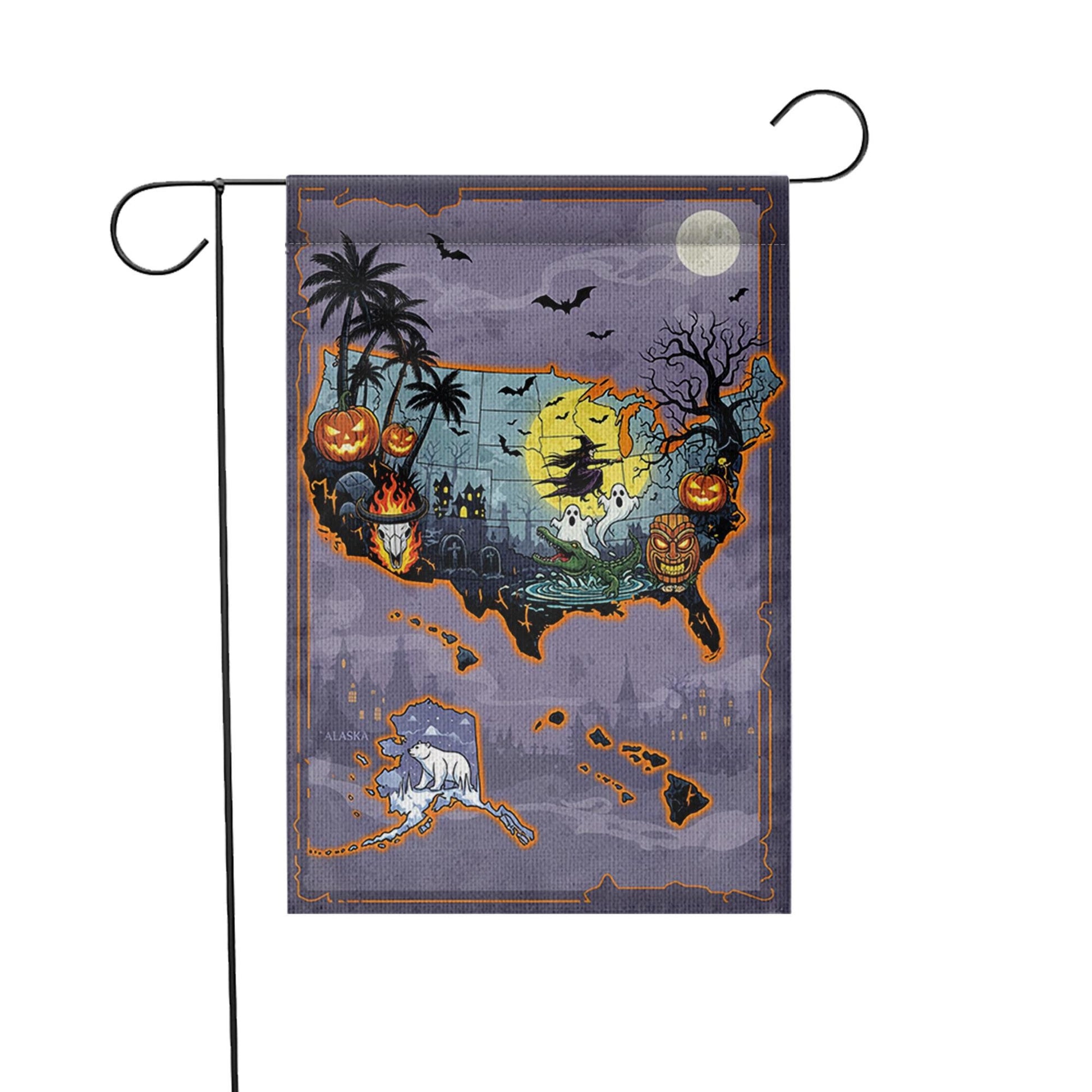 Halloween USA Map Garden Flag, Haunted House Yard Decor, Spooky Fall Outdoor Banner, Trick or Treat Witch Ghost Pumpkin Map Flag