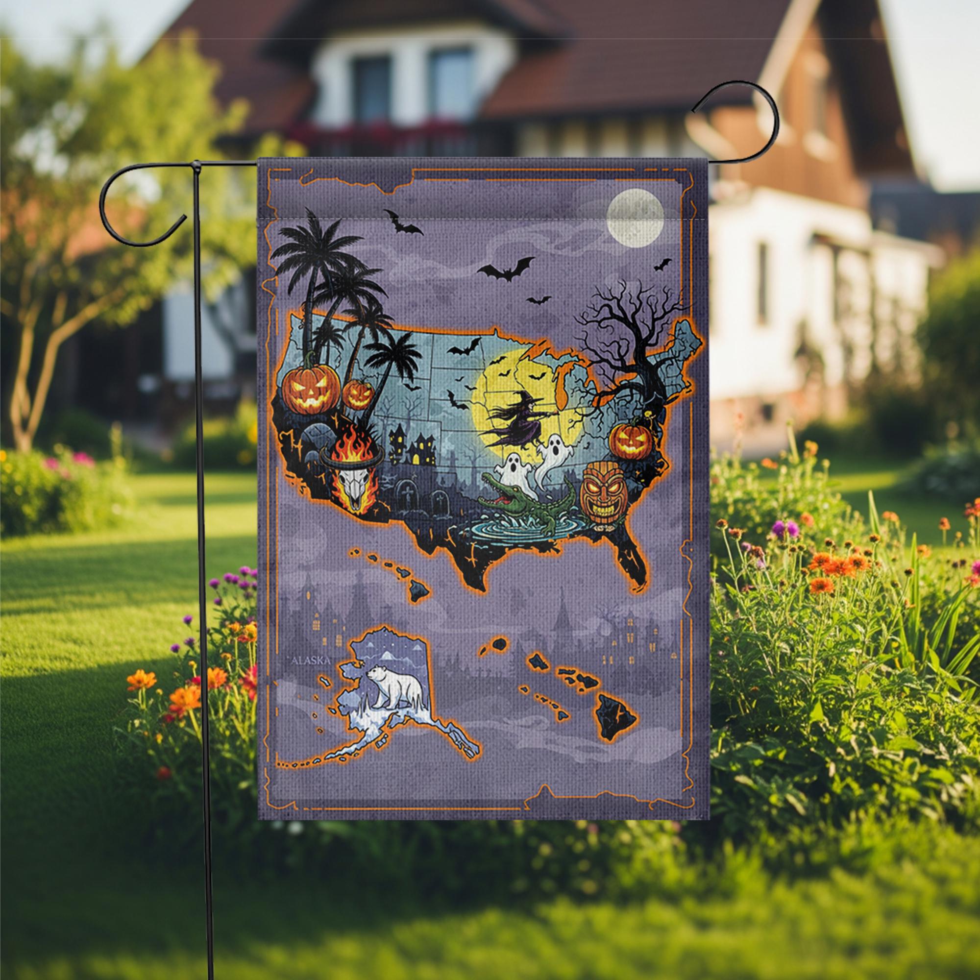 Halloween USA Map Garden Flag, Haunted House Yard Decor, Spooky Fall Outdoor Banner, Trick or Treat Witch Ghost Pumpkin Map Flag