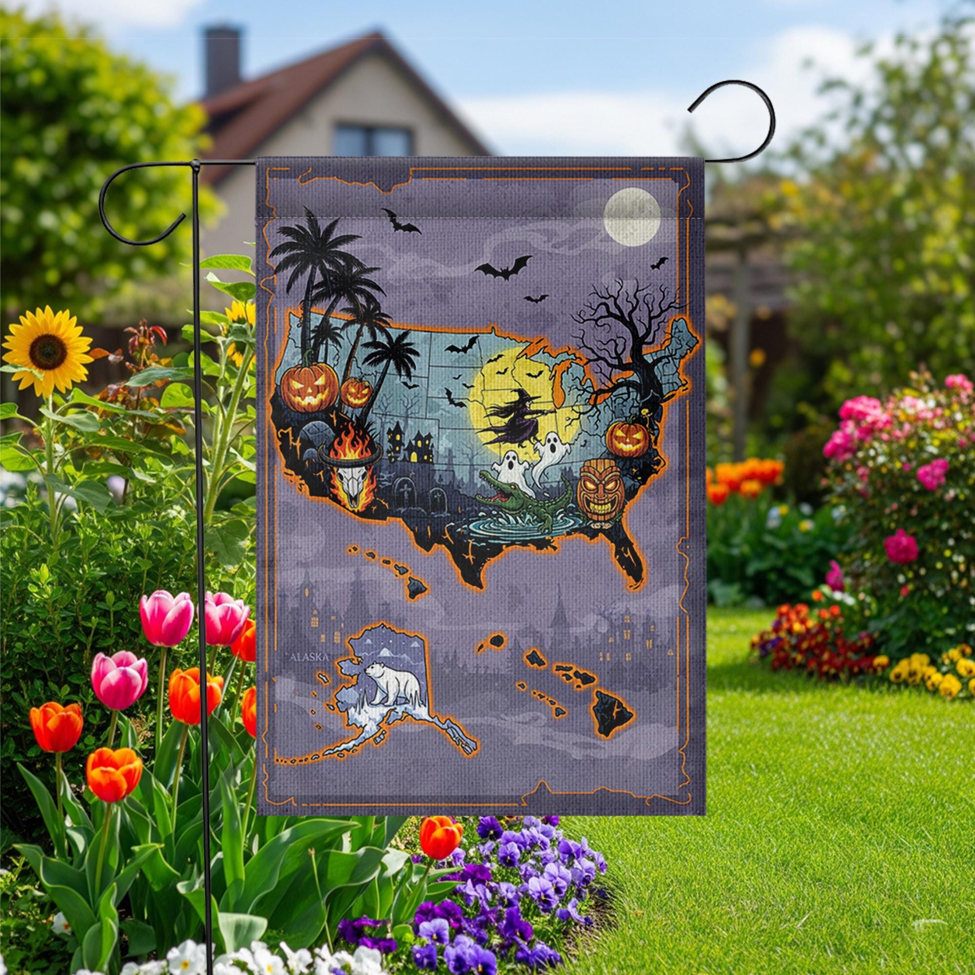 Halloween USA Map Garden Flag, Haunted House Yard Decor, Spooky Fall Outdoor Banner, Trick or Treat Witch Ghost Pumpkin Map Flag