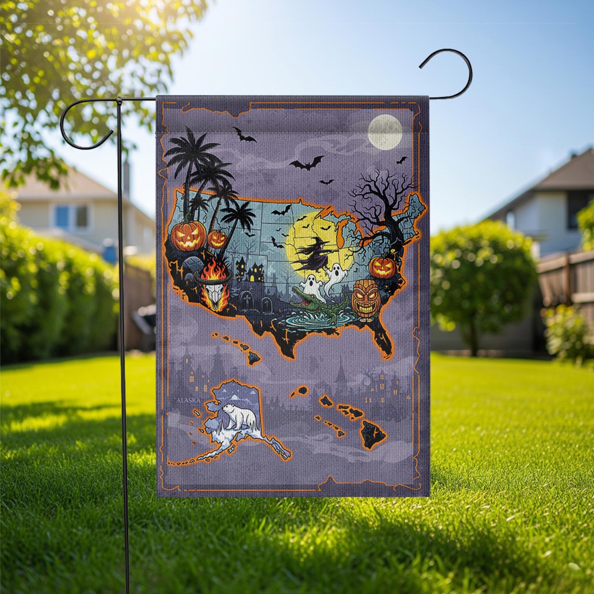 Halloween USA Map Garden Flag, Haunted House Yard Decor, Spooky Fall Outdoor Banner, Trick or Treat Witch Ghost Pumpkin Map Flag