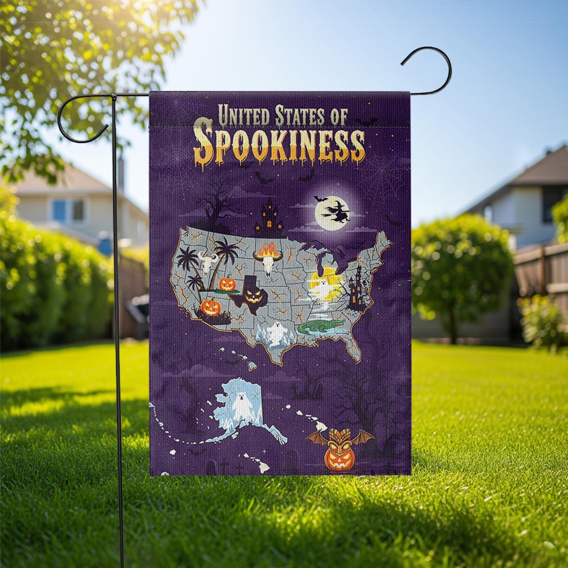 United States of Spookiness Halloween Map Flag, Scary Haunted Yard Banner, Ghost Witch Pumpkin Fall Outdoor Garden Decoration