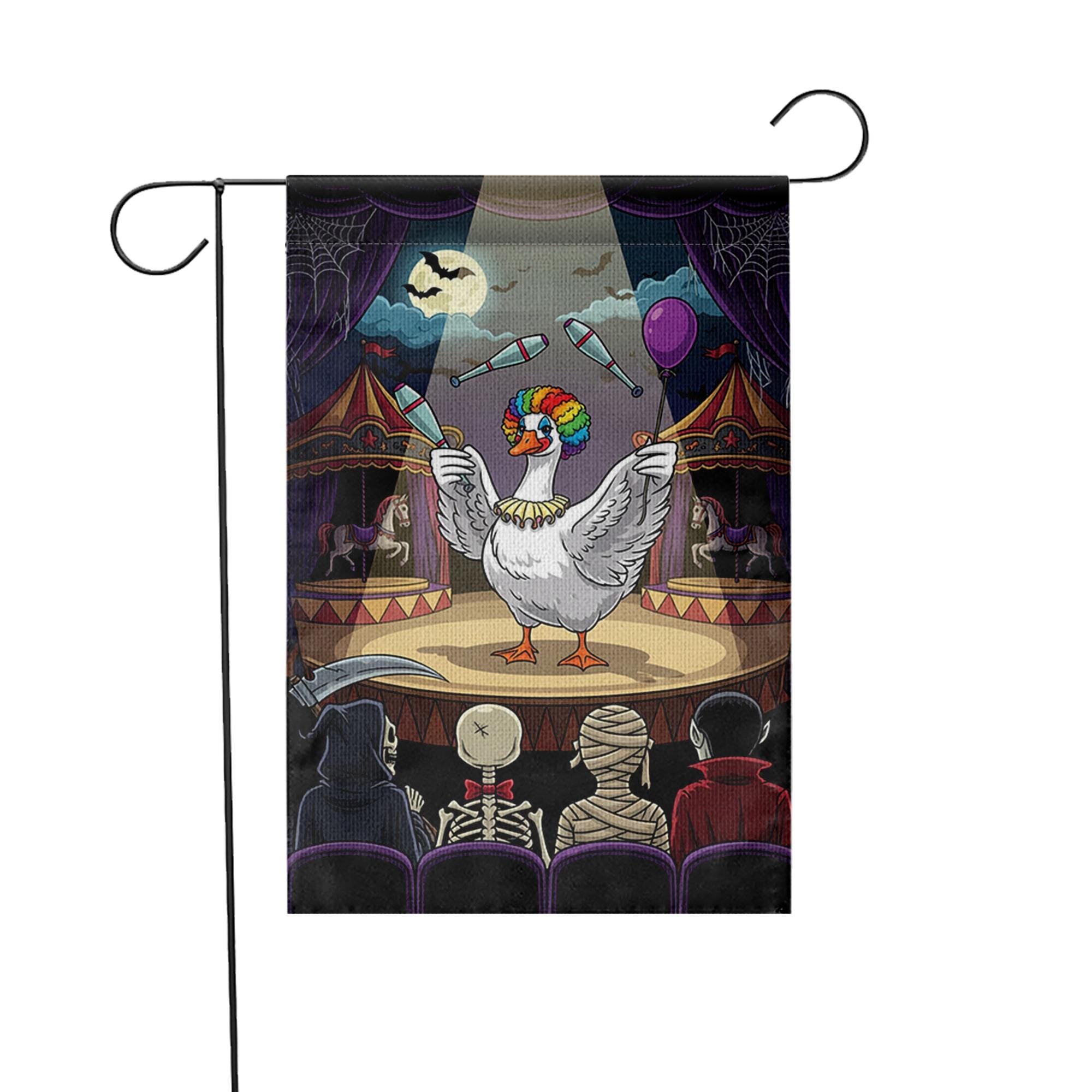Halloween Goose Circus Garden Flag, Funny Clown Juggling Yard Banner, Spooky Fall Outdoor Decoration, Haunted Carnival Lawn Decor