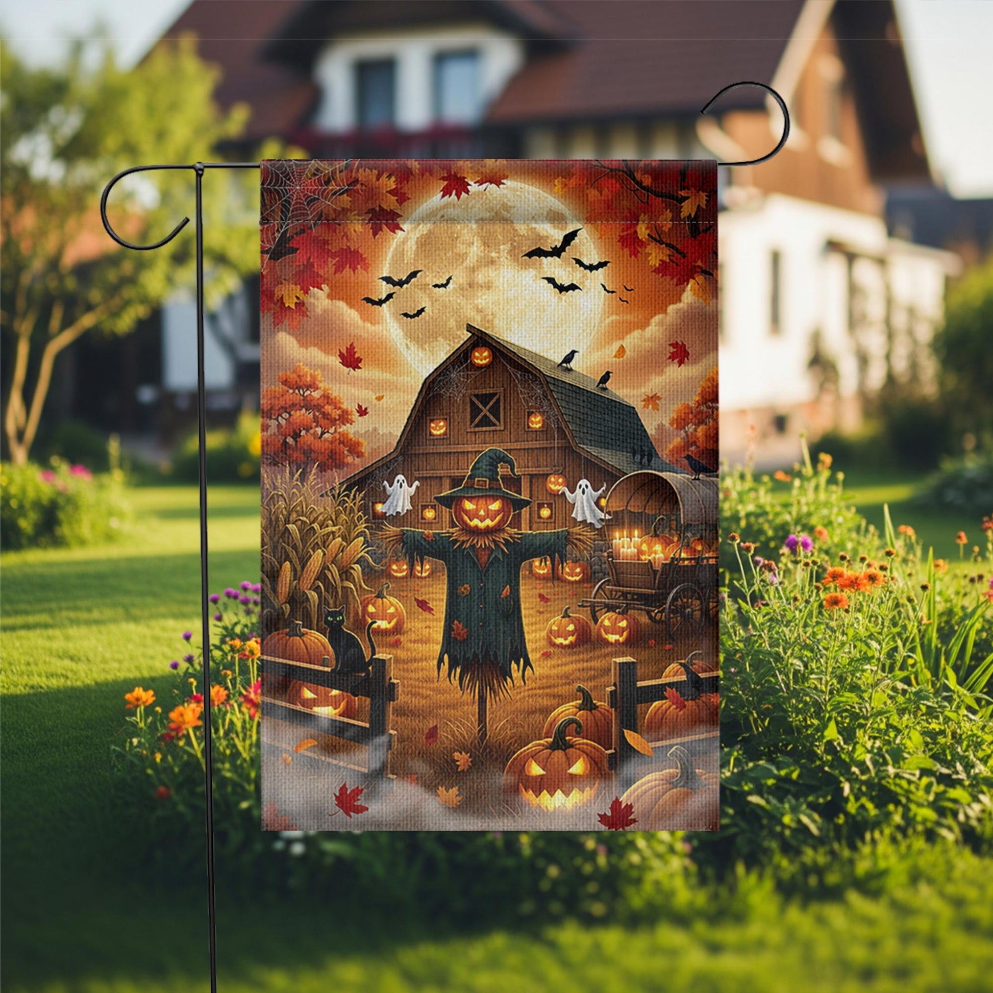 Halloween Farmhouse Garden Flag, Scarecrow Pumpkin Barn Yard Decor, Fall Harvest Outdoor Banner, Spooky Autumn Rustic Lawn Decoration