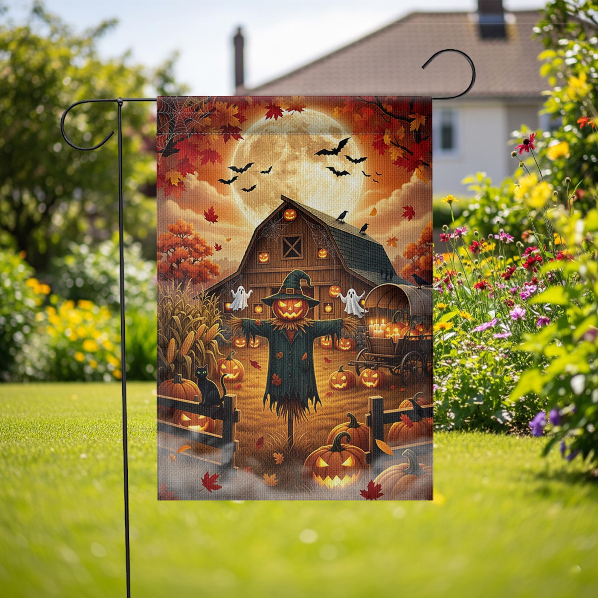 Halloween Farmhouse Garden Flag, Scarecrow Pumpkin Barn Yard Decor, Fall Harvest Outdoor Banner, Spooky Autumn Rustic Lawn Decoration