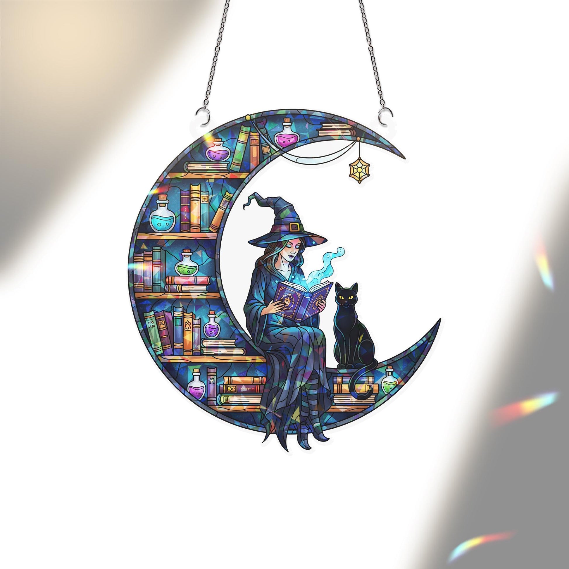 Stained Glass Witch Moon Window Hanging, Black Cat Book Lover Sun Catcher, Gothic Halloween Crescent Decor, Magical Witchy Home Ornament