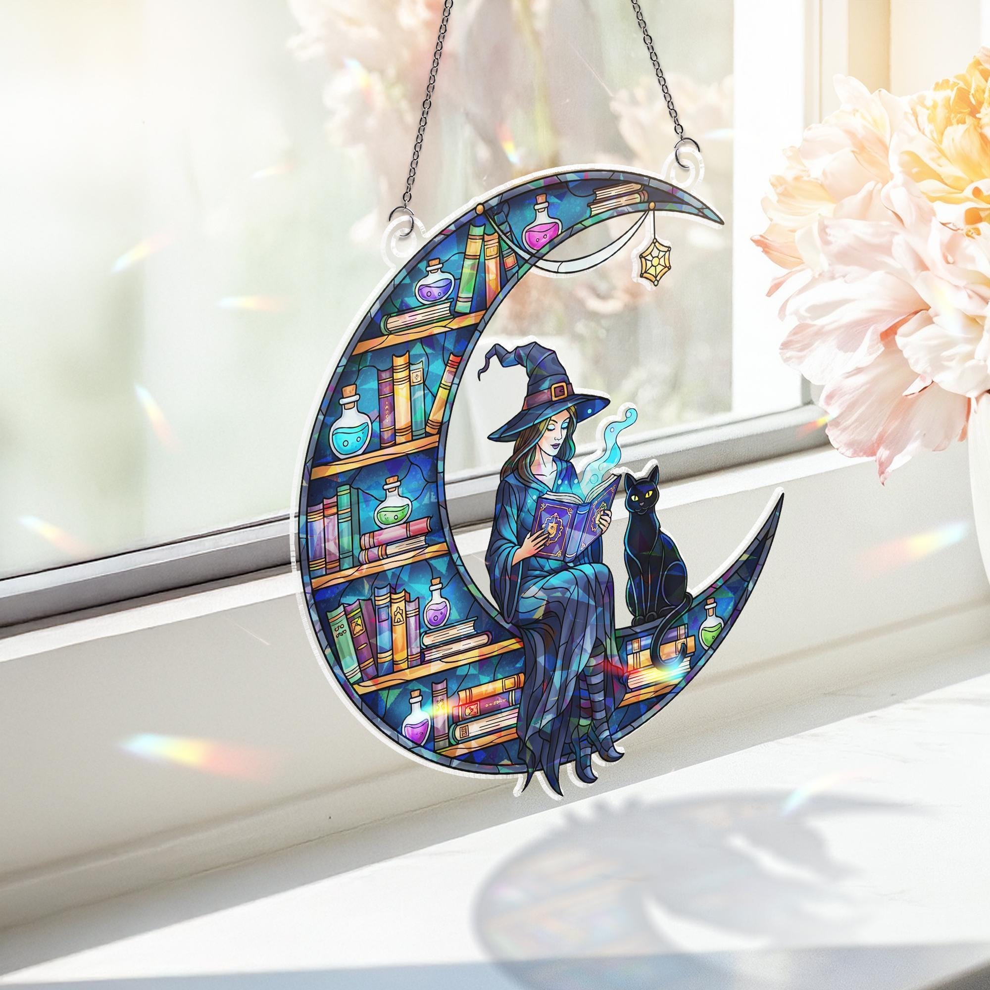 Stained Glass Witch Moon Window Hanging, Black Cat Book Lover Sun Catcher, Gothic Halloween Crescent Decor, Magical Witchy Home Ornament