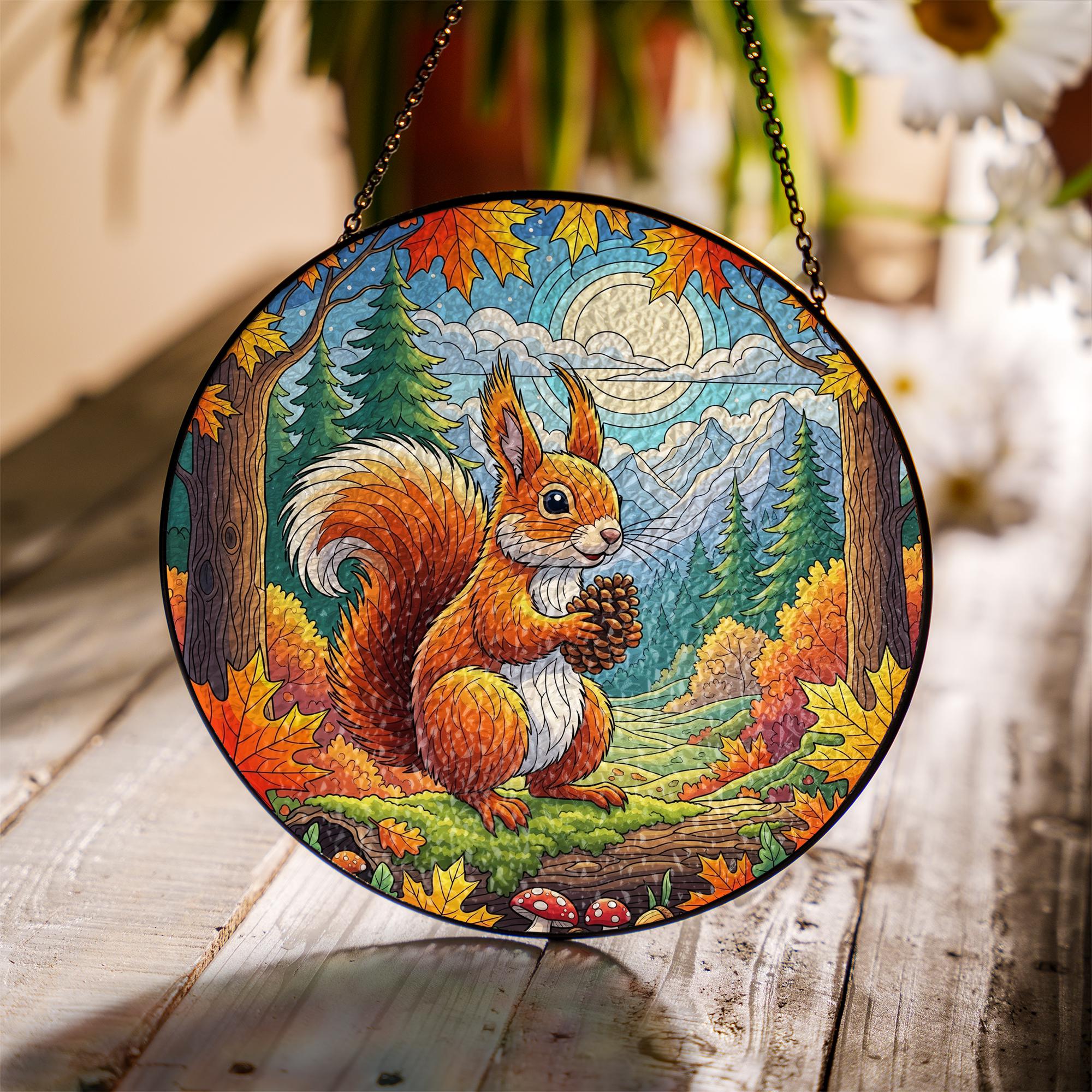Squirrel Stained Glass Sun Catcher, Autumn Woodland Animal Window Hanging, Fall Forest Decor, Rustic Nature Pinecone Ornament